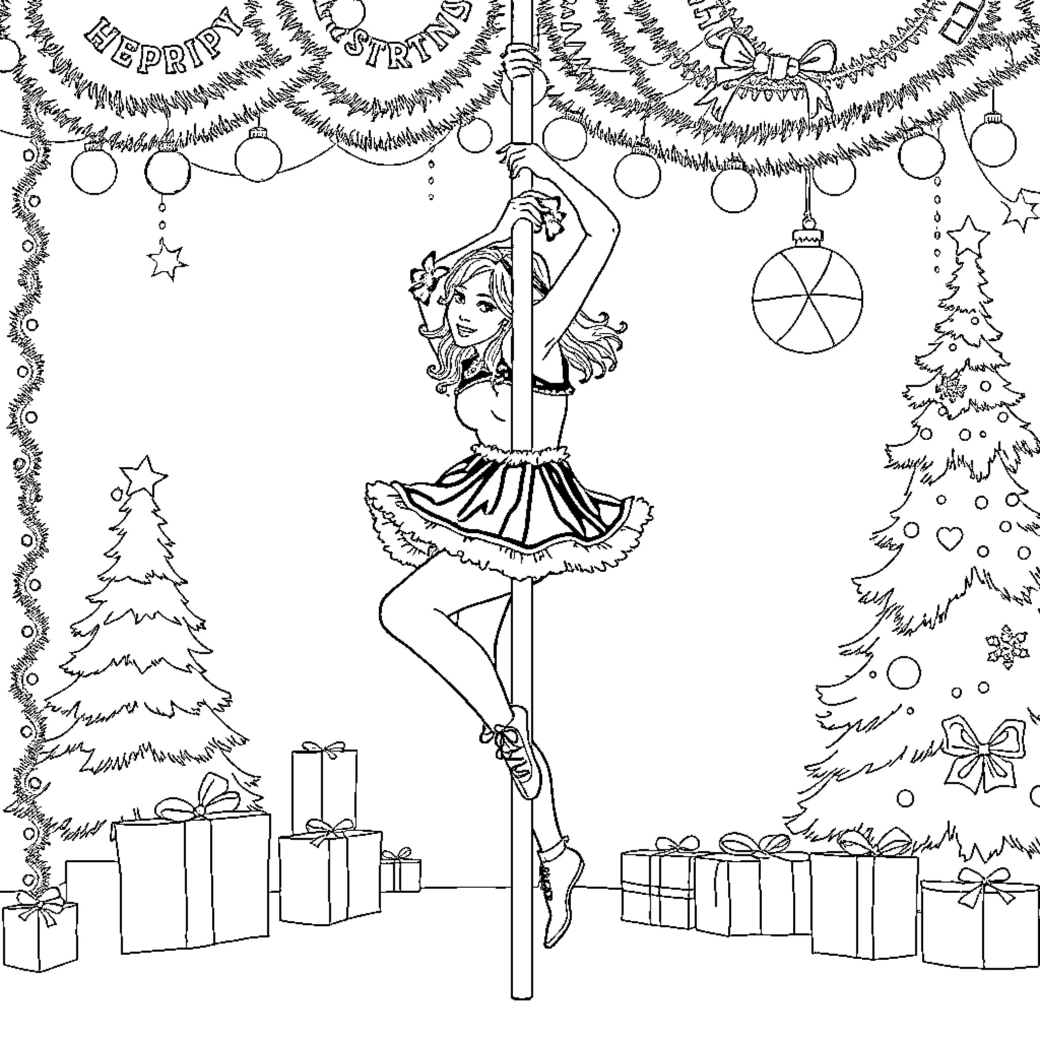 Pole Dancer Performing Winter Holiday Routine Coloring Page (free black-and-white line drawing printable PDF for all, from beginners to advanced learners, including children, teens, adults, and seniors)