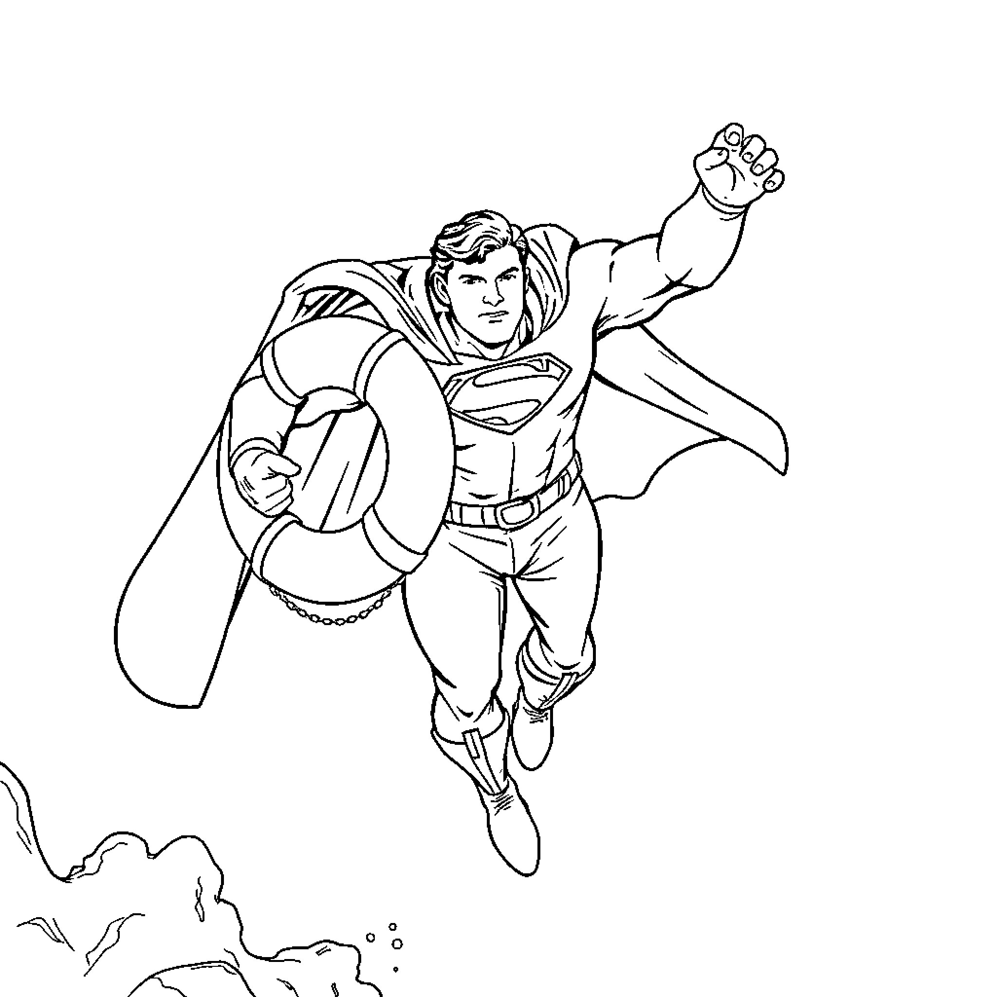 Superman soaring heroically through the sky Coloring Page (free black-and-white line drawing printable PDF for all, from beginners to advanced learners, including children, teens, adults, and seniors)