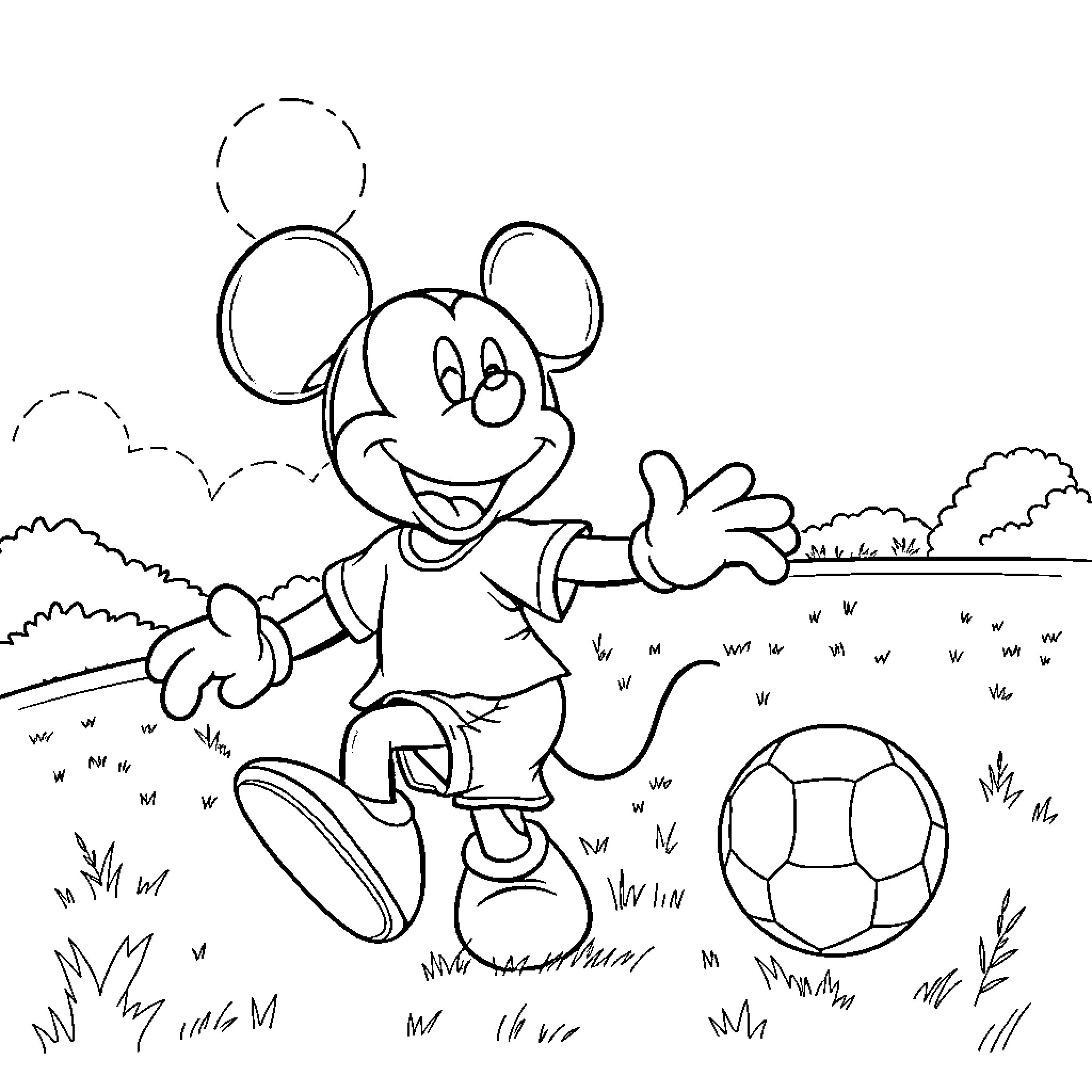 Mickey Mouse playing with a soccer ball in the park Coloring Page (free black-and-white line drawing printable PDF for all, from beginners to advanced learners, including children, teens, adults, and seniors)