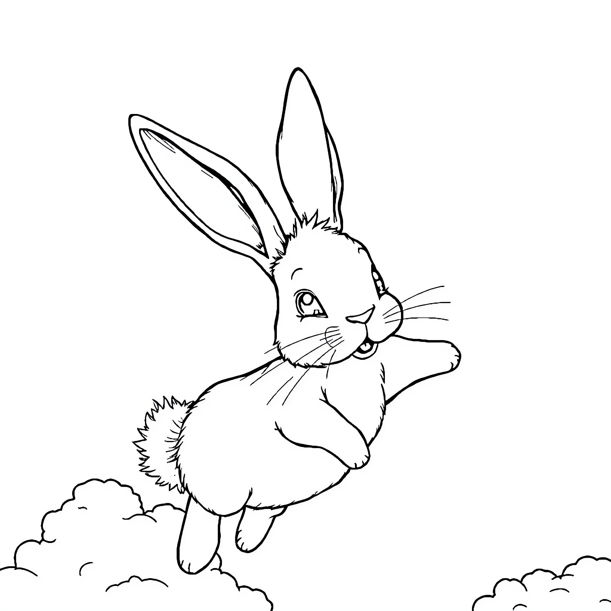 Rabbit leaping joyfully in the clouds Coloring Page (free black-and-white line drawing printable PDF for all, from beginners to advanced learners, including children, teens, adults, and seniors)