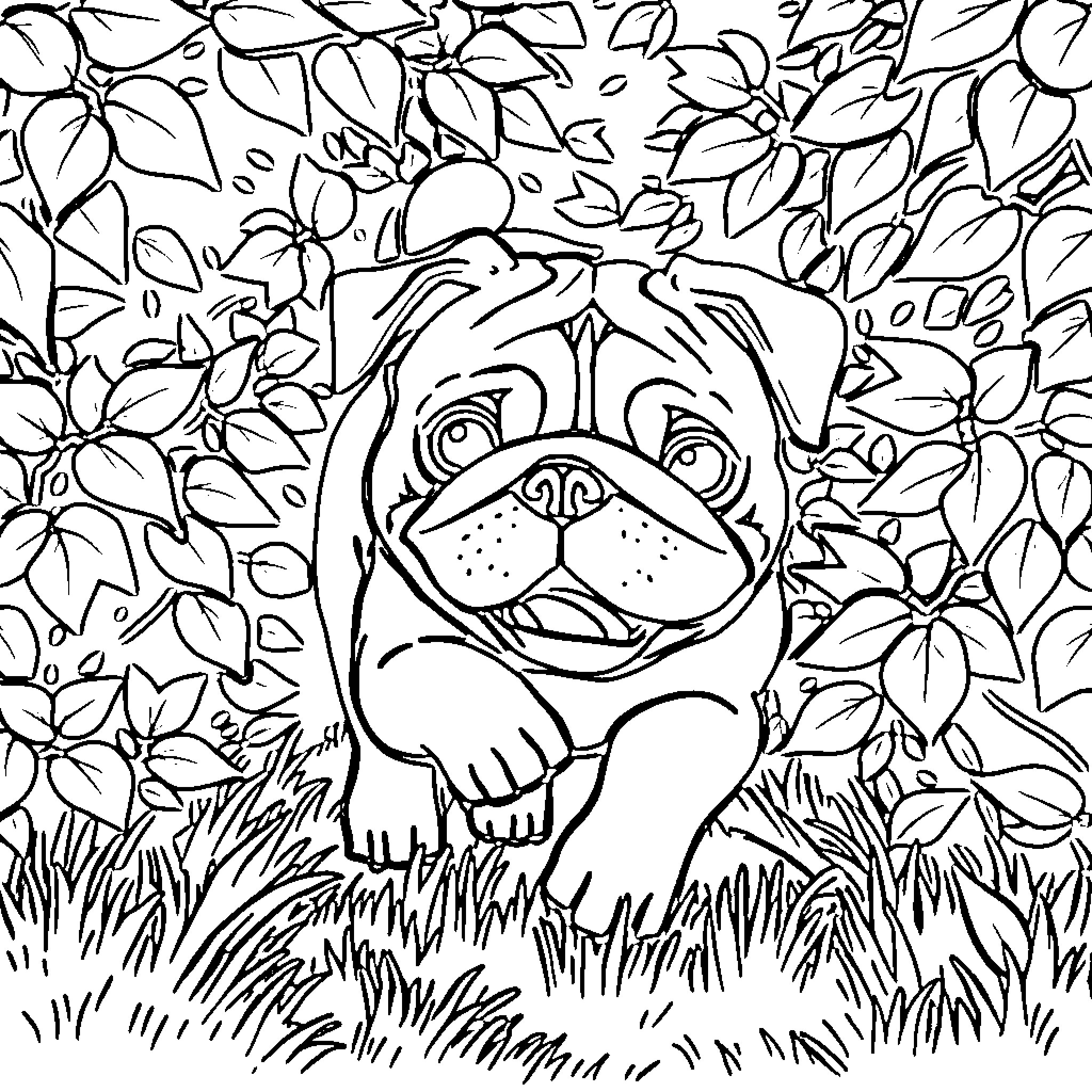 Pug exploring the lush foliage Coloring Page (free black-and-white line drawing printable PDF for all, from beginners to advanced learners, including children, teens, adults, and seniors)