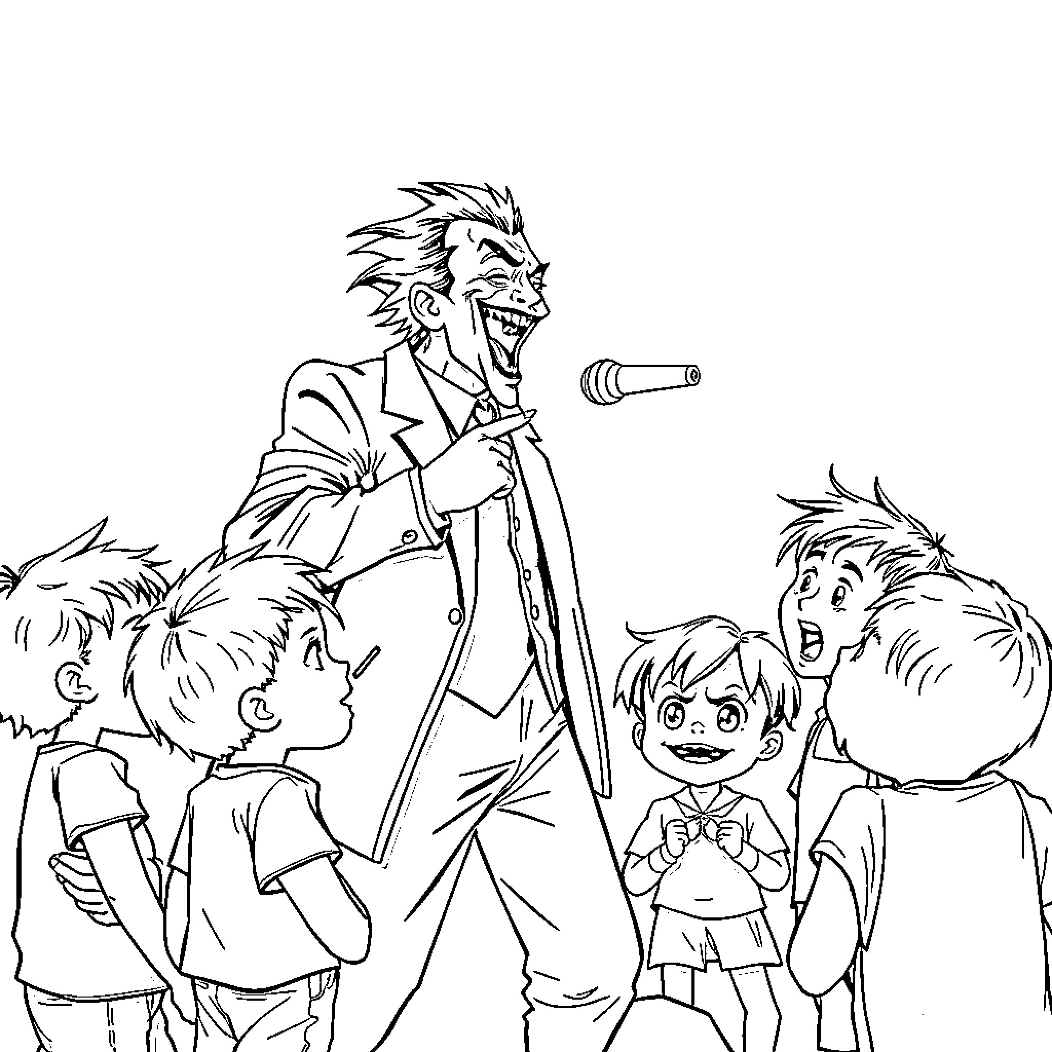 Joker entertaining children with exaggerated expressions Coloring Page (free black-and-white line drawing printable PDF for all, from beginners to advanced learners, including children, teens, adults, and seniors)