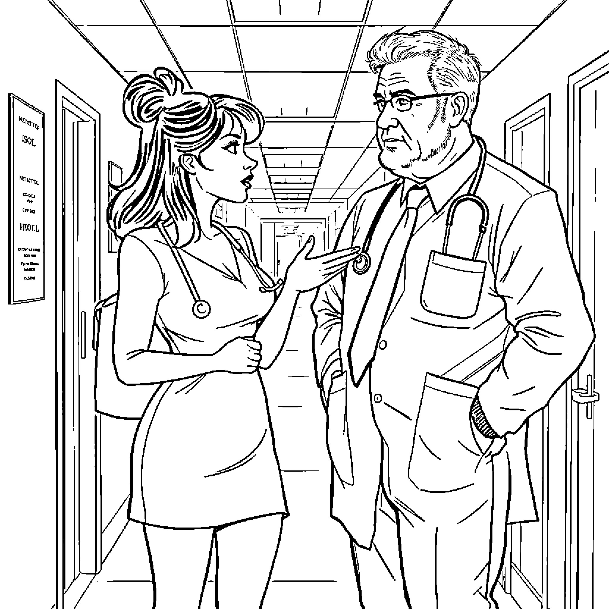 Doctor Discussing Diagnosis With Patient in Hospital Coloring Page (free black-and-white line drawing printable PDF for all, from beginners to advanced learners, including children, teens, adults, and seniors)
