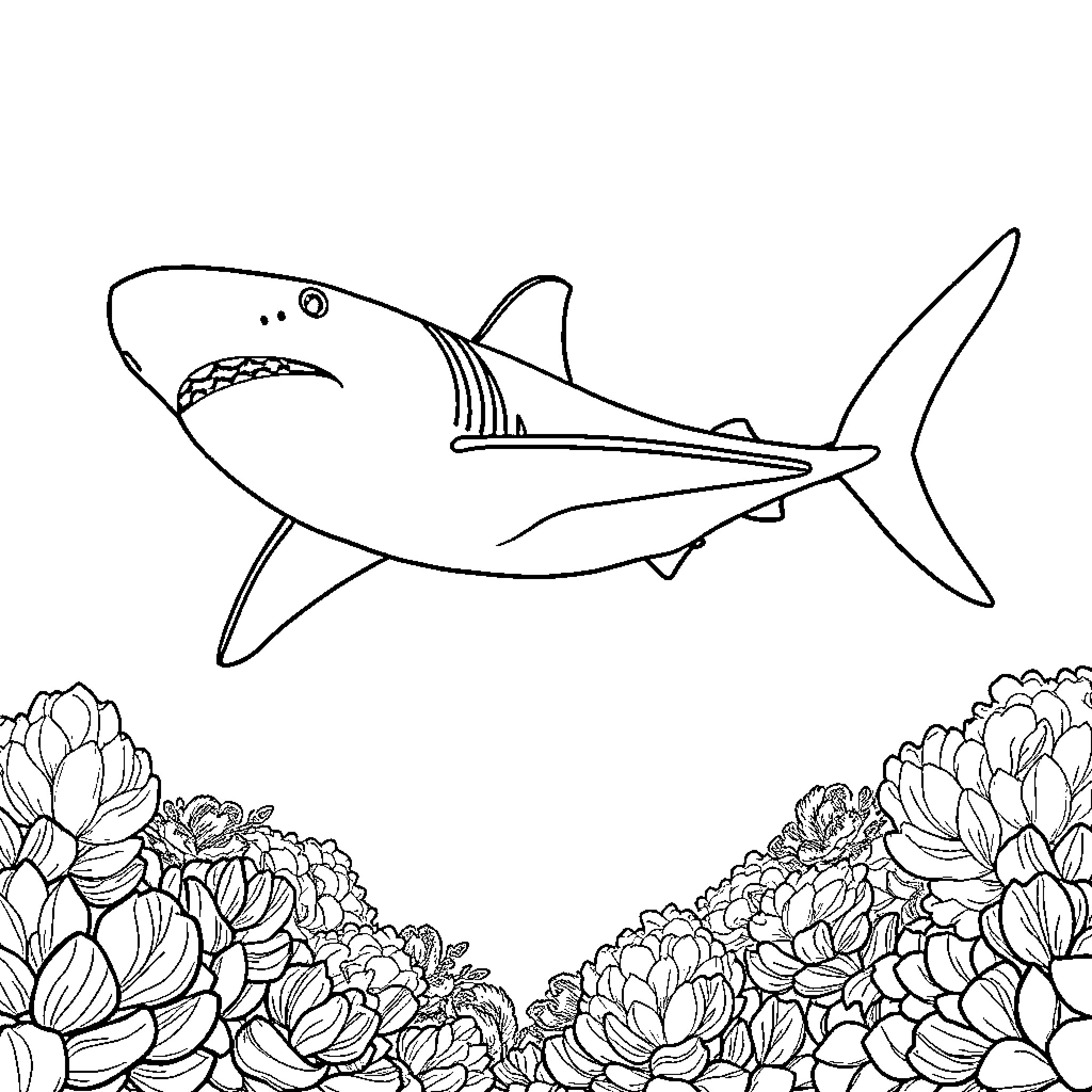 Hammerhead Shark swimming among colorful plants Coloring Page (free black-and-white line drawing printable PDF for all, from beginners to advanced learners, including children, teens, adults, and seniors)