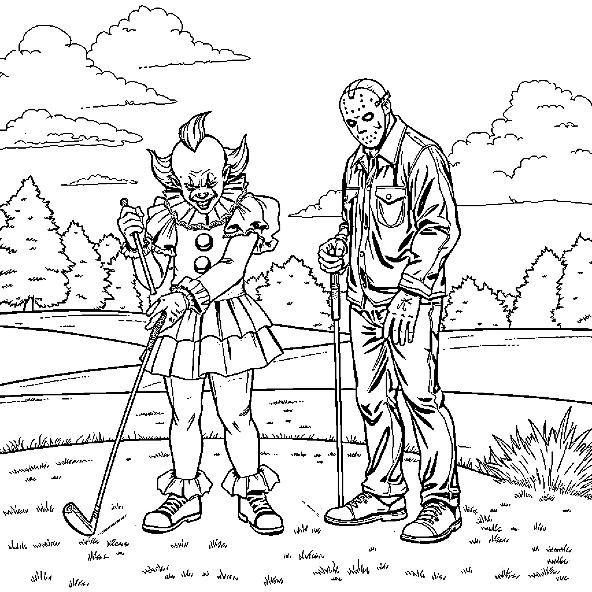 Pennywise the Clown confronts a fearful Jason in the woods Coloring Page (free black-and-white line drawing printable PDF for all, from beginners to advanced learners, including children, teens, adults, and seniors)