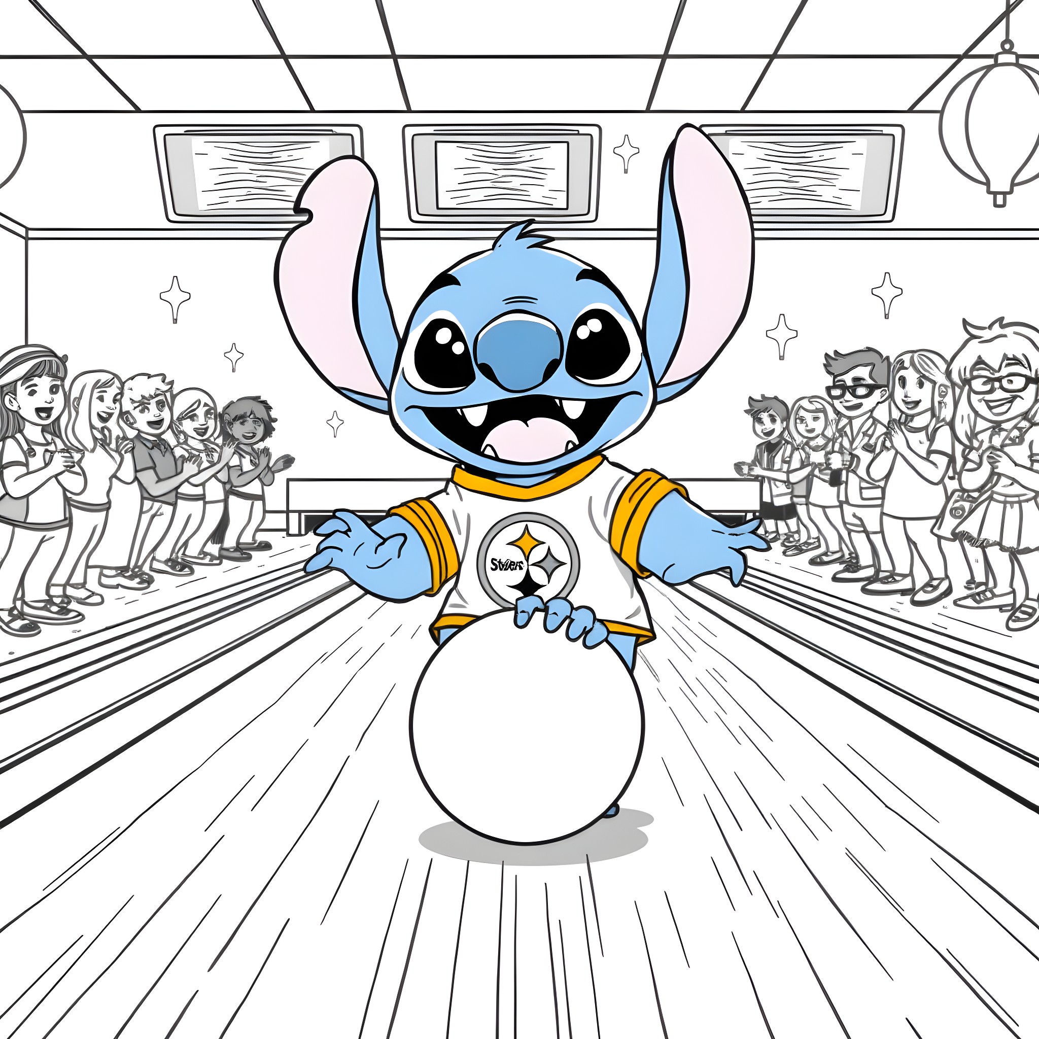 Stitch bowling with friends in a fun setting Coloring Page (free black-and-white line drawing printable PDF for all, from beginners to advanced learners, including children, teens, adults, and seniors)