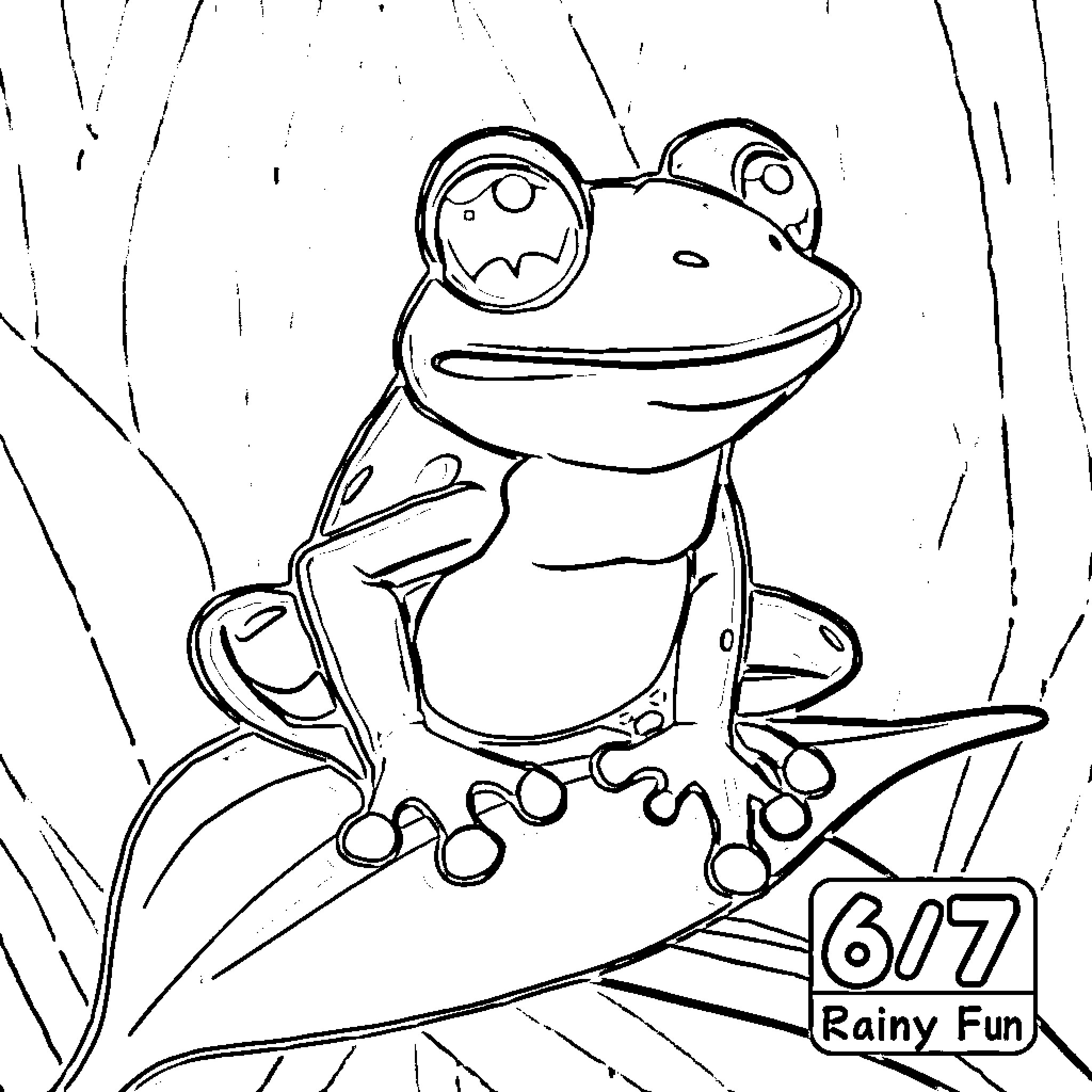 Frog Enjoying Rainy Day Fun Coloring Page (free black-and-white line drawing printable PDF for all, from beginners to advanced learners, including children, teens, adults, and seniors)