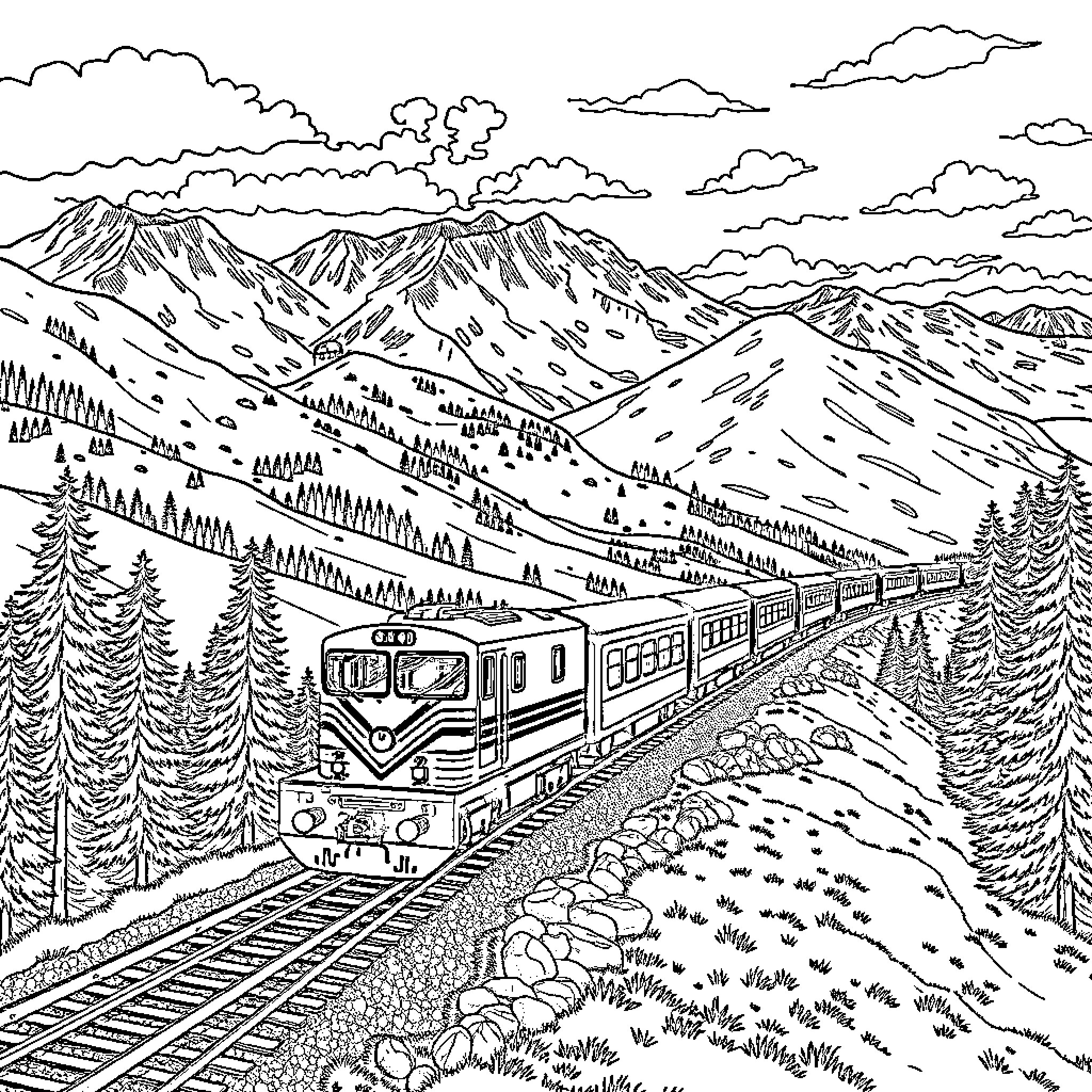 Train traveling through majestic mountain scenery Coloring Page (free black-and-white line drawing printable PDF for all, from beginners to advanced learners, including children, teens, adults, and seniors)