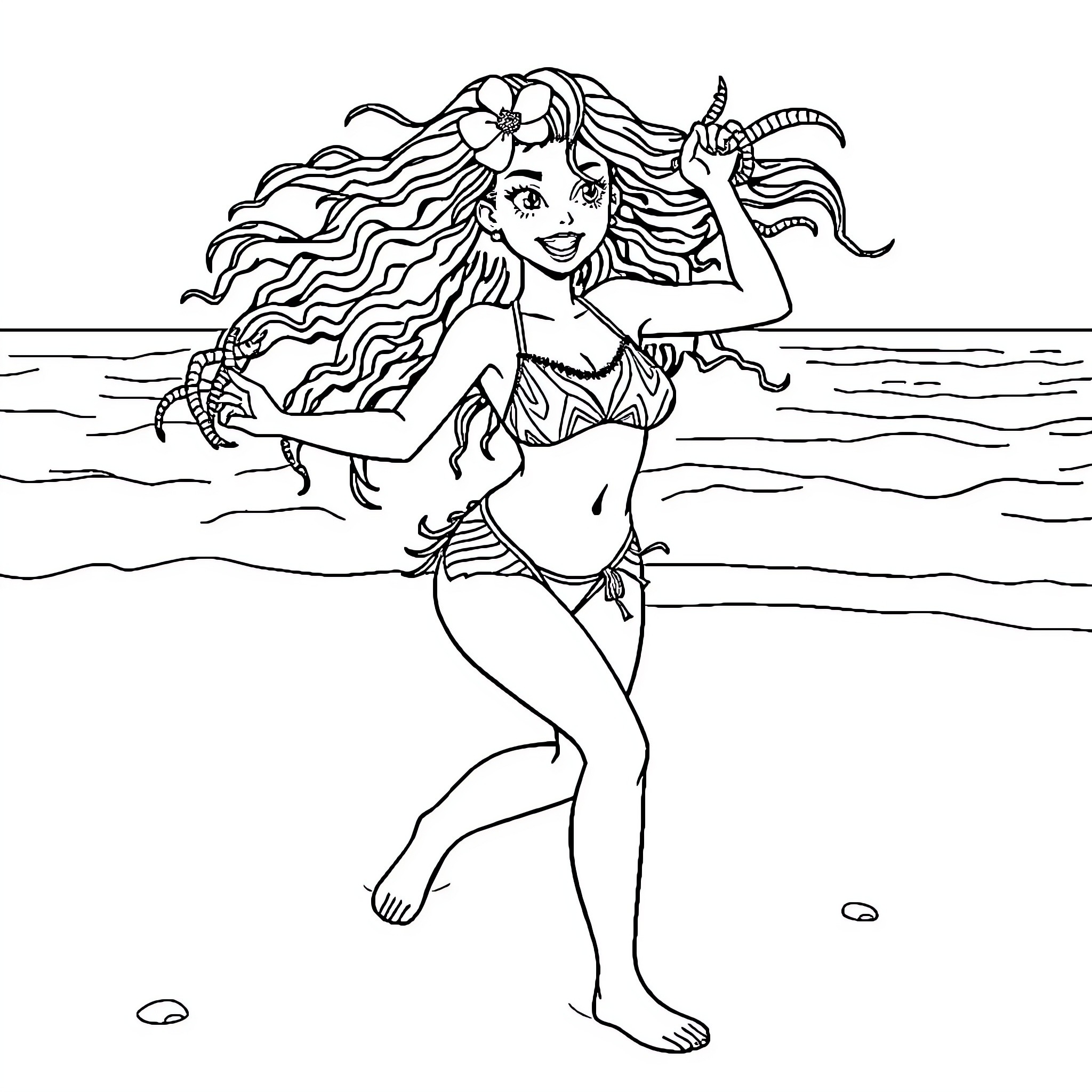 Labubu enjoying a day at the beach Coloring Page (free black-and-white line drawing printable PDF for all, from beginners to advanced learners, including children, teens, adults, and seniors)
