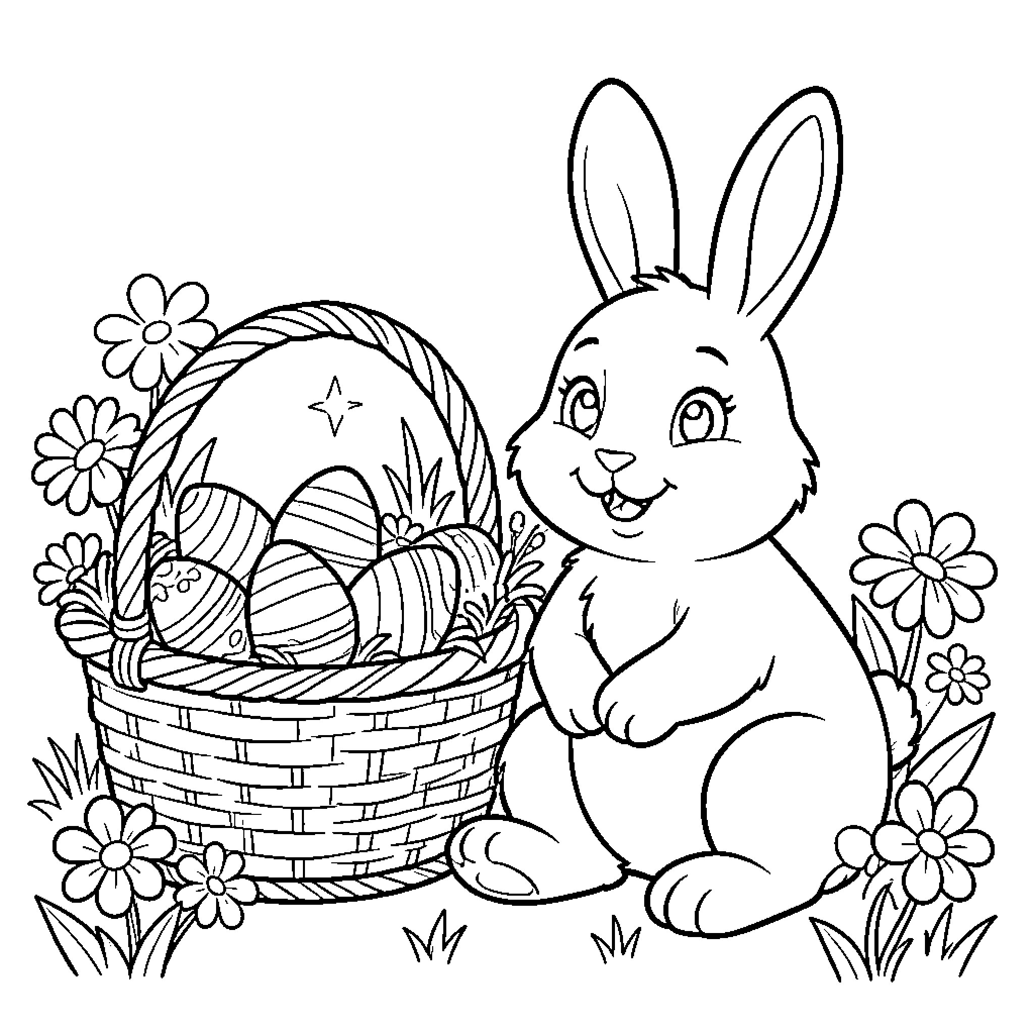 Easter Bunny with a basket of Easter eggs Coloring Page (free black-and-white line drawing printable PDF for all, from beginners to advanced learners, including children, teens, adults, and seniors)