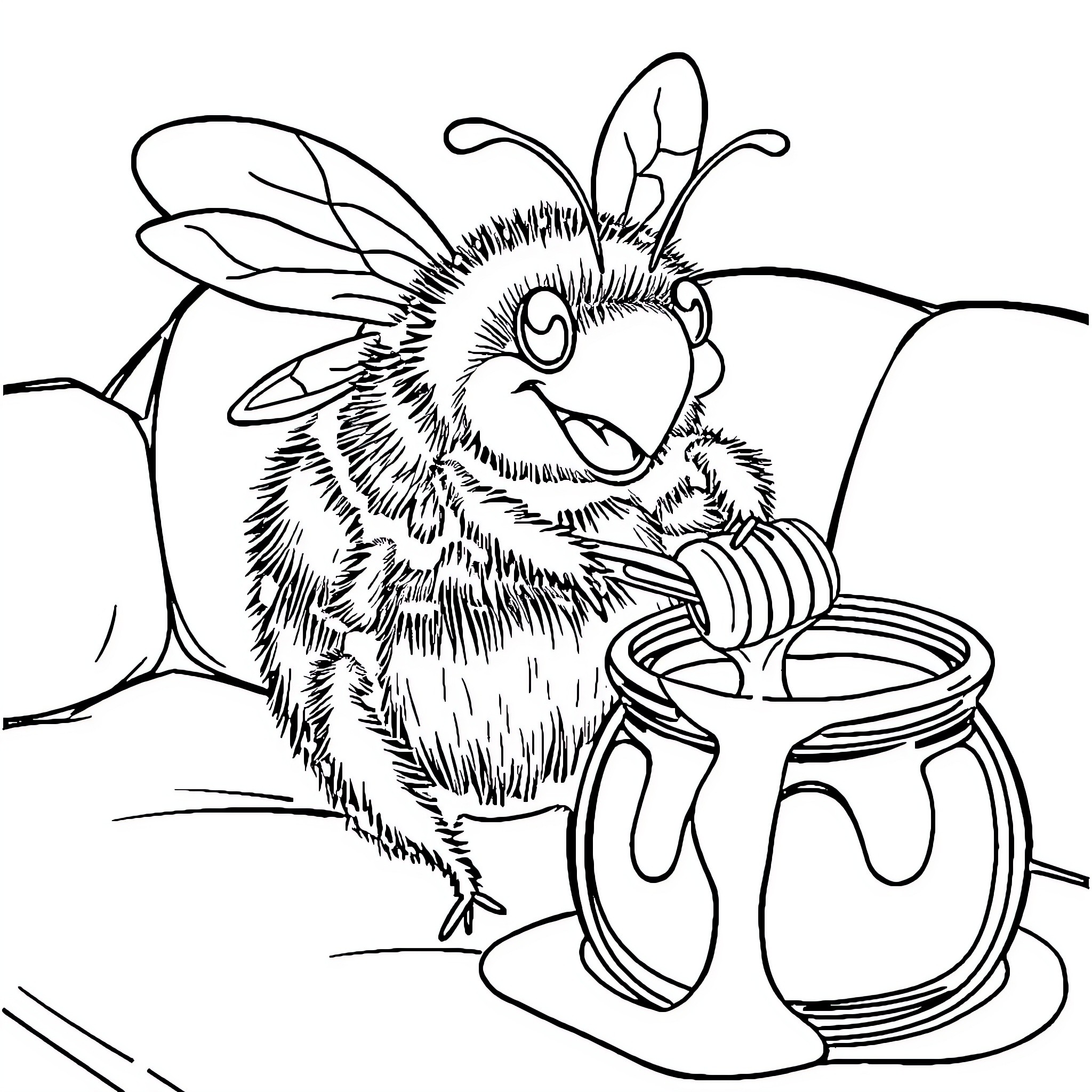 Bumble Bee enjoying sweet honey from a jar Coloring Page (free black-and-white line drawing printable PDF for all, from beginners to advanced learners, including children, teens, adults, and seniors)