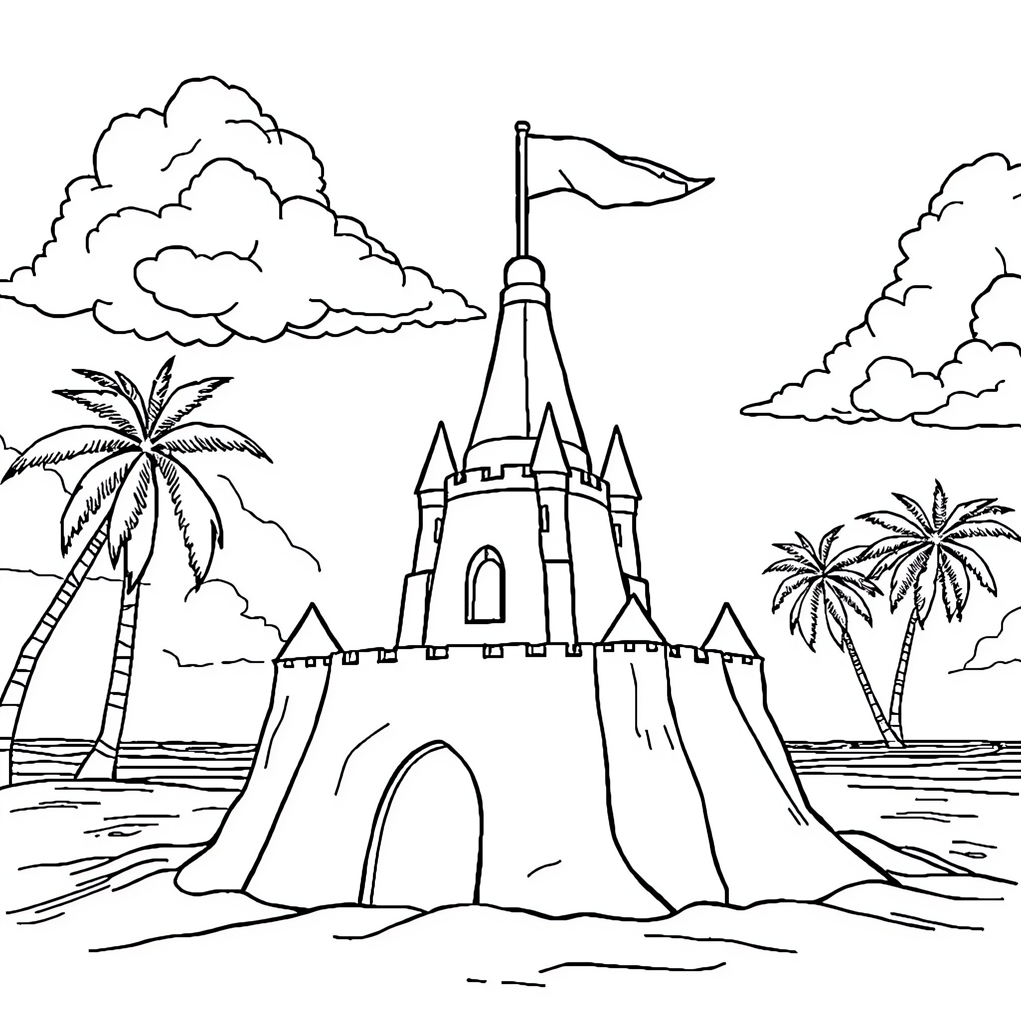 Sand Castle with Towering Turrets and Waving Flag Coloring Page (free black-and-white line drawing printable PDF for all, from beginners to advanced learners, including children, teens, adults, and seniors)