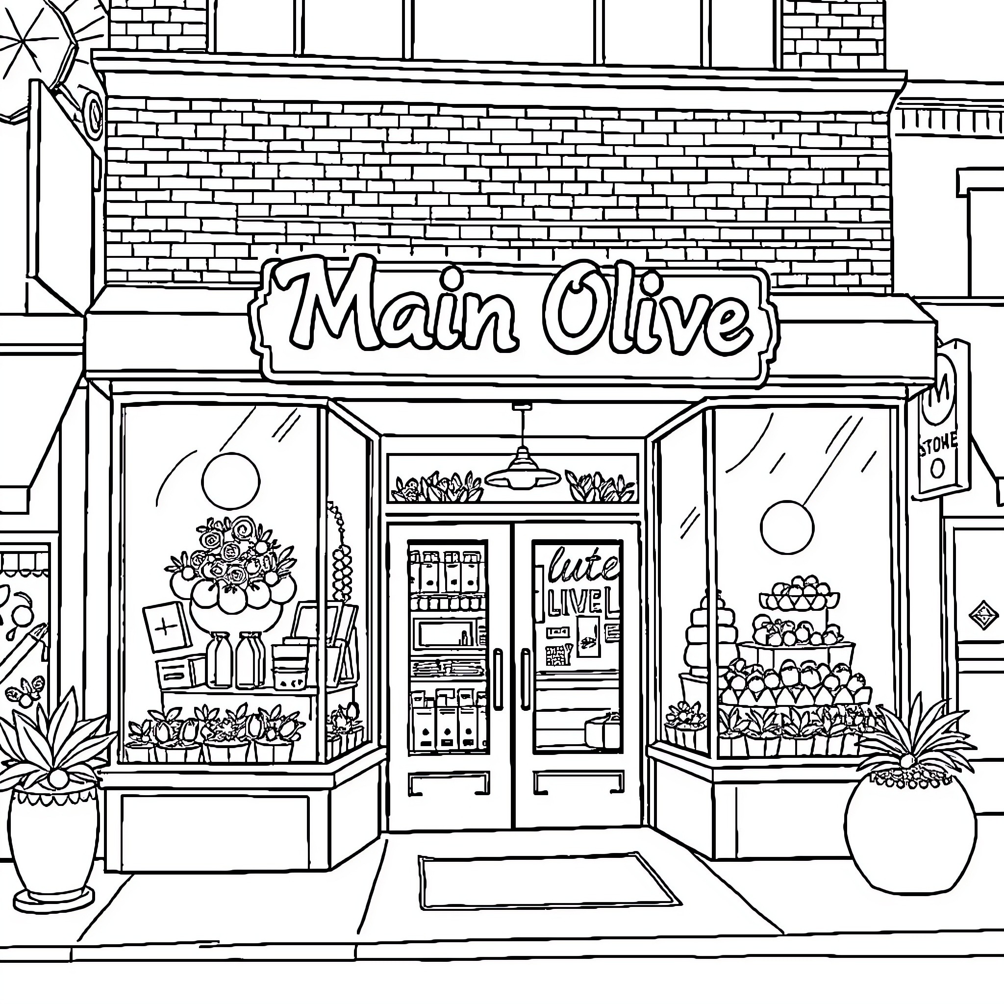 Olive shop with store front display Coloring Page (free black-and-white line drawing printable PDF for all, from beginners to advanced learners, including children, teens, adults, and seniors)