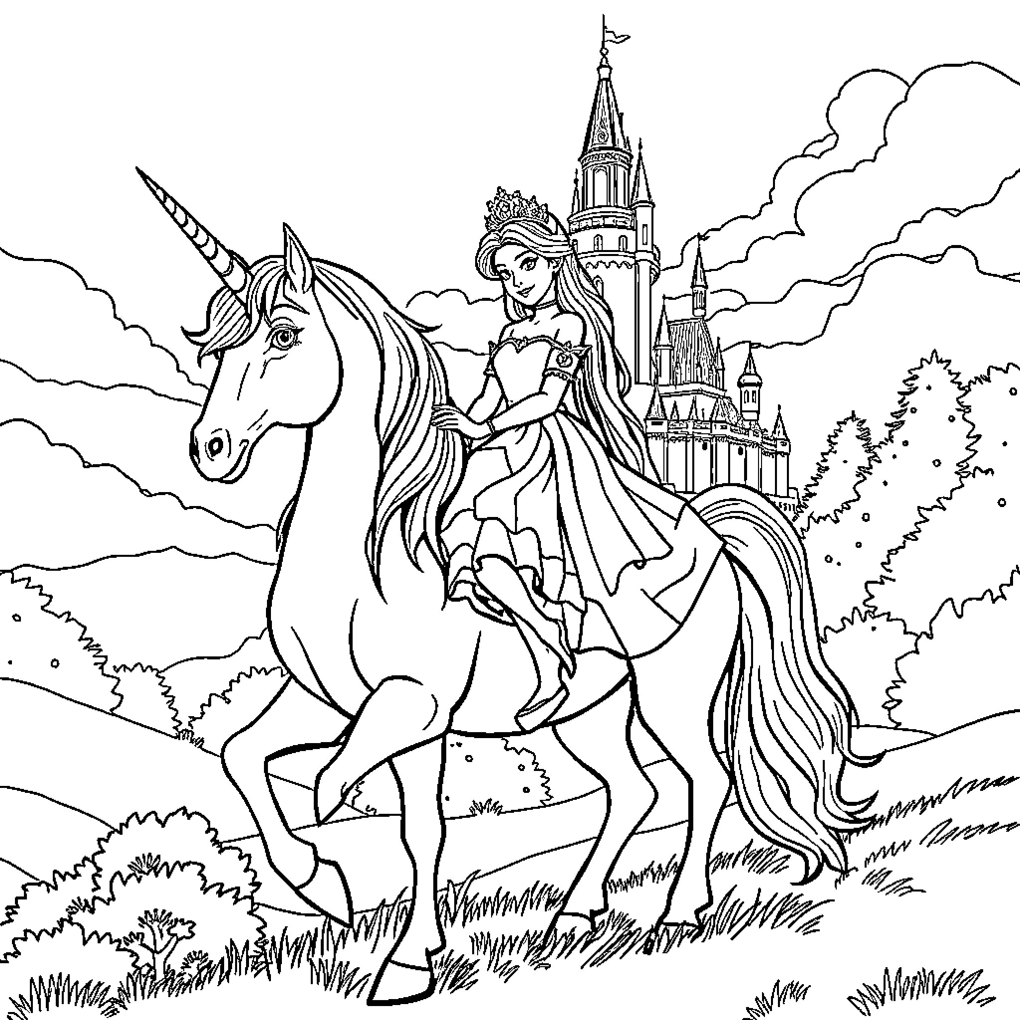 Princess riding a majestic unicorn in a fairy tale kingdom Coloring Page (free black-and-white line drawing printable PDF for all, from beginners to advanced learners, including children, teens, adults, and seniors)