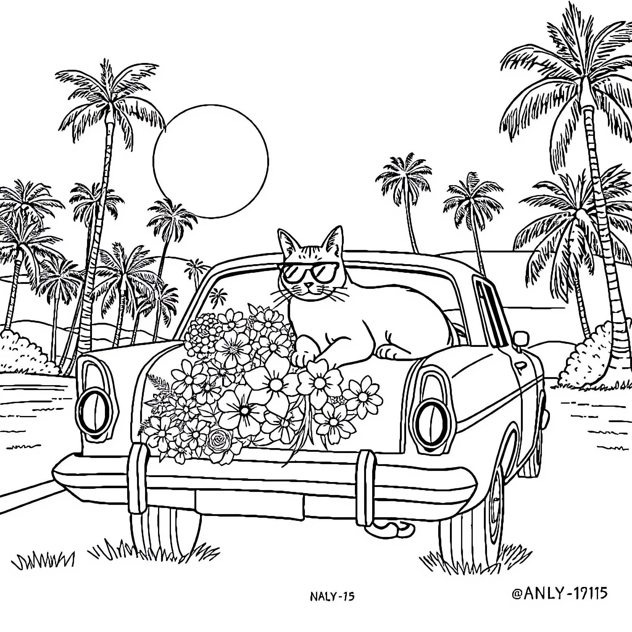 Car with Flowers and Palm Trees in Tropical Landscape Coloring Page (free black-and-white line drawing printable PDF for all, from beginners to advanced learners, including children, teens, adults, and seniors)