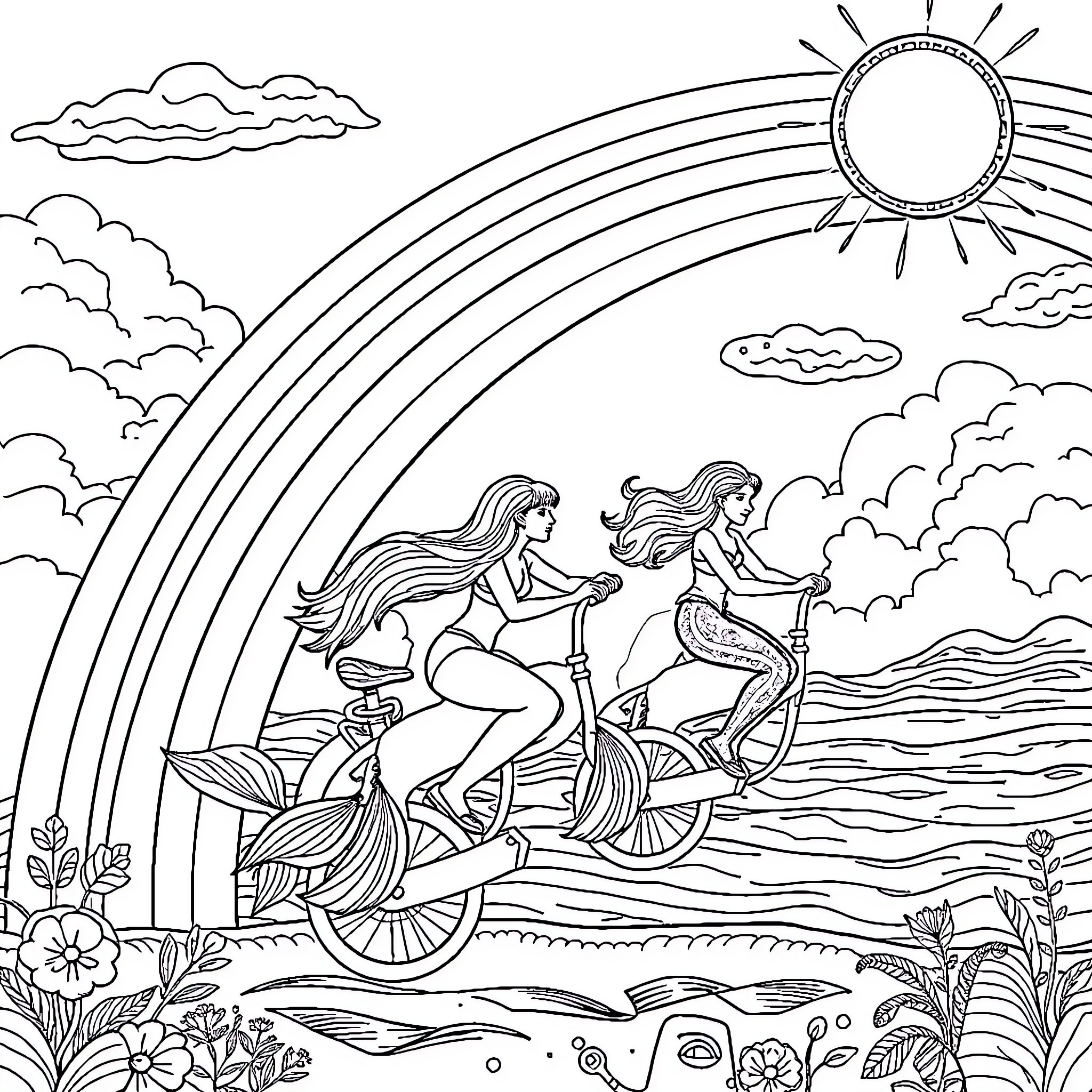 Mermaid mermaids riding bicycles under rainbow sky Coloring Page (free black-and-white line drawing printable PDF for all, from beginners to advanced learners, including children, teens, adults, and seniors)