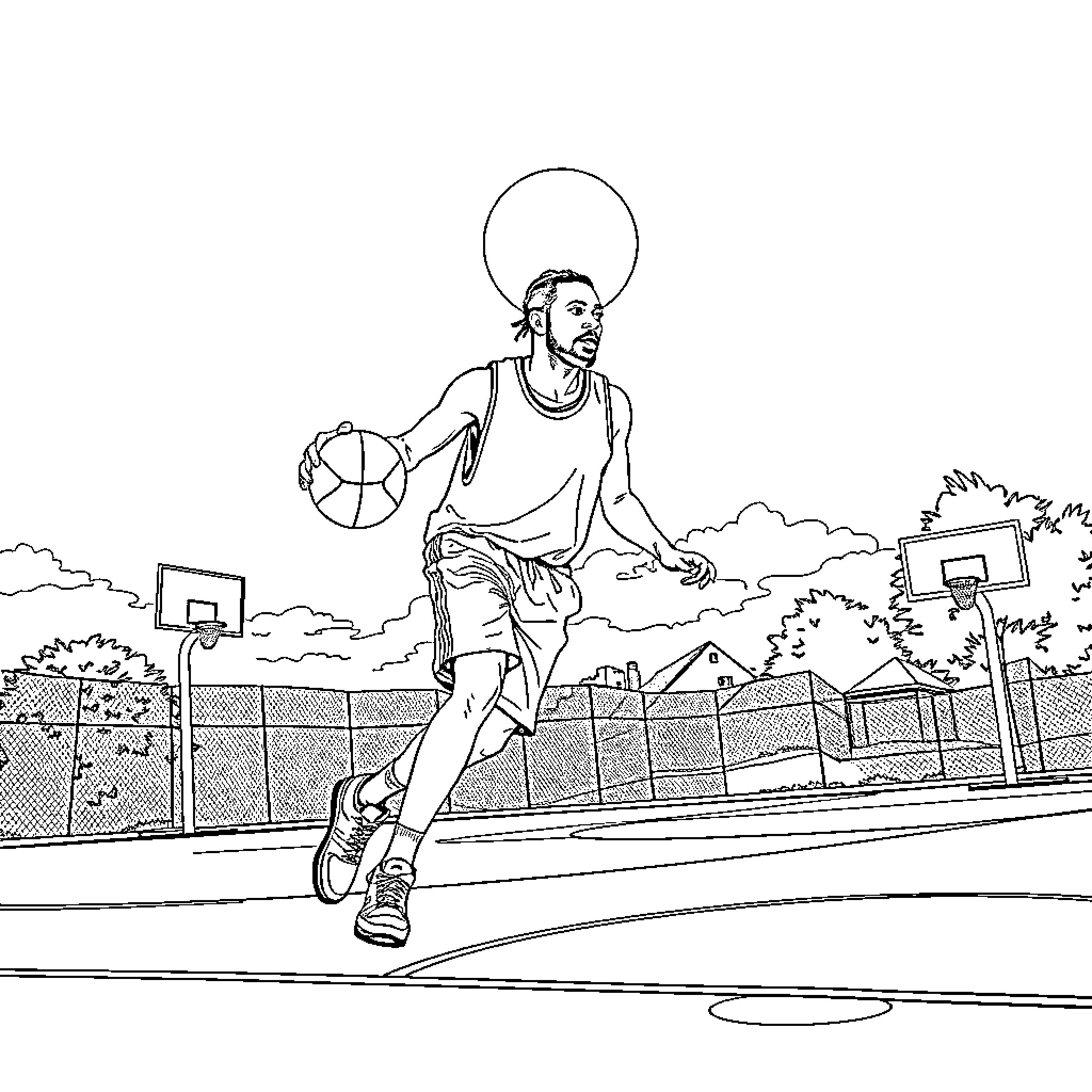 Kendrick Lamar playing basketball on the court Coloring Page (free black-and-white line drawing printable PDF for all, from beginners to advanced learners, including children, teens, adults, and seniors)