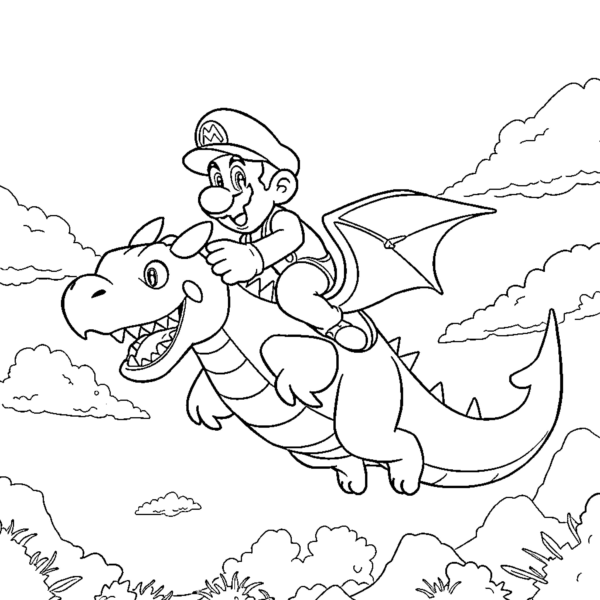Mario riding on a fierce dragon in the sky Coloring Page (free black-and-white line drawing printable PDF for all, from beginners to advanced learners, including children, teens, adults, and seniors)