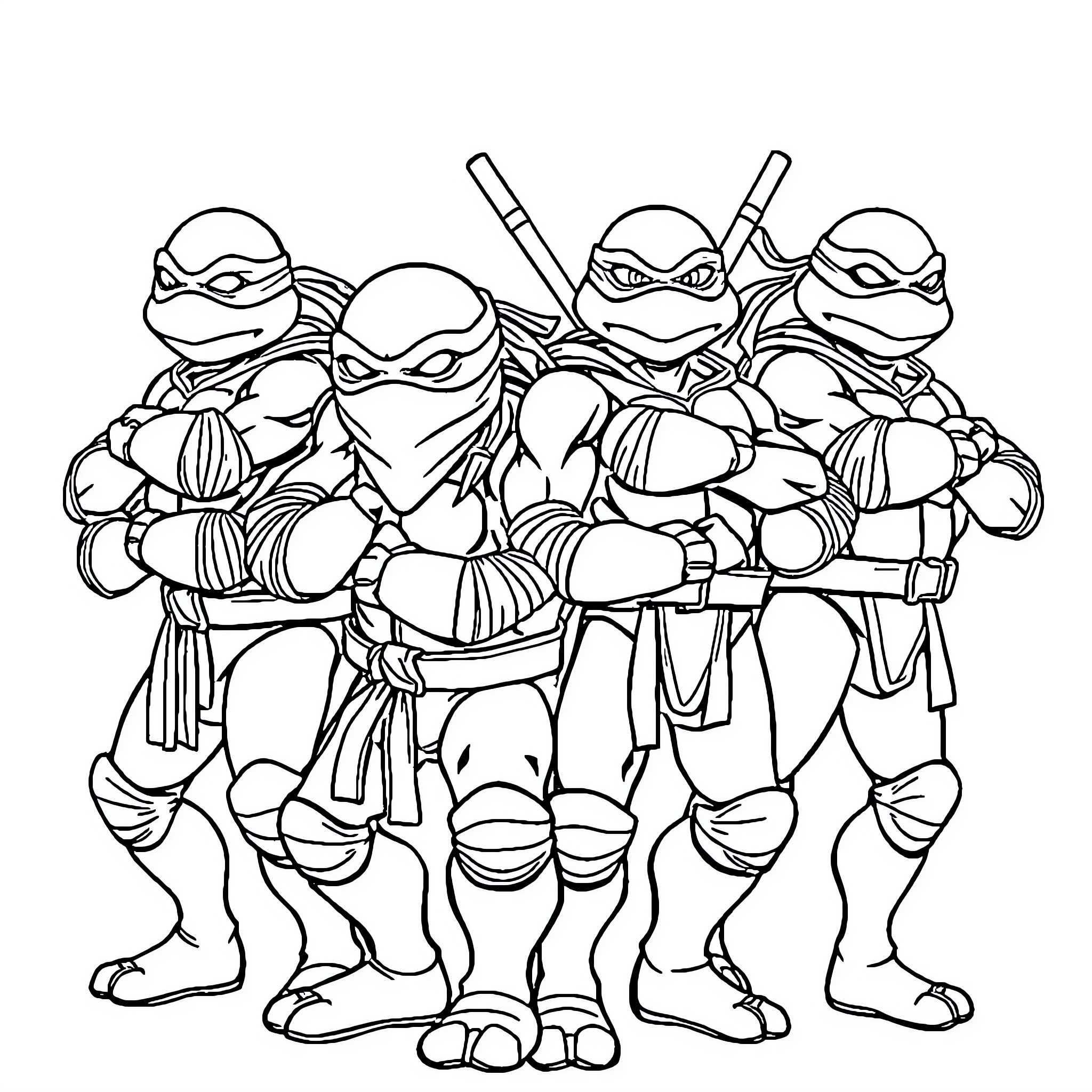 Ninja Turtles in action stance Coloring Page (free black-and-white line drawing printable PDF for all, from beginners to advanced learners, including children, teens, adults, and seniors)