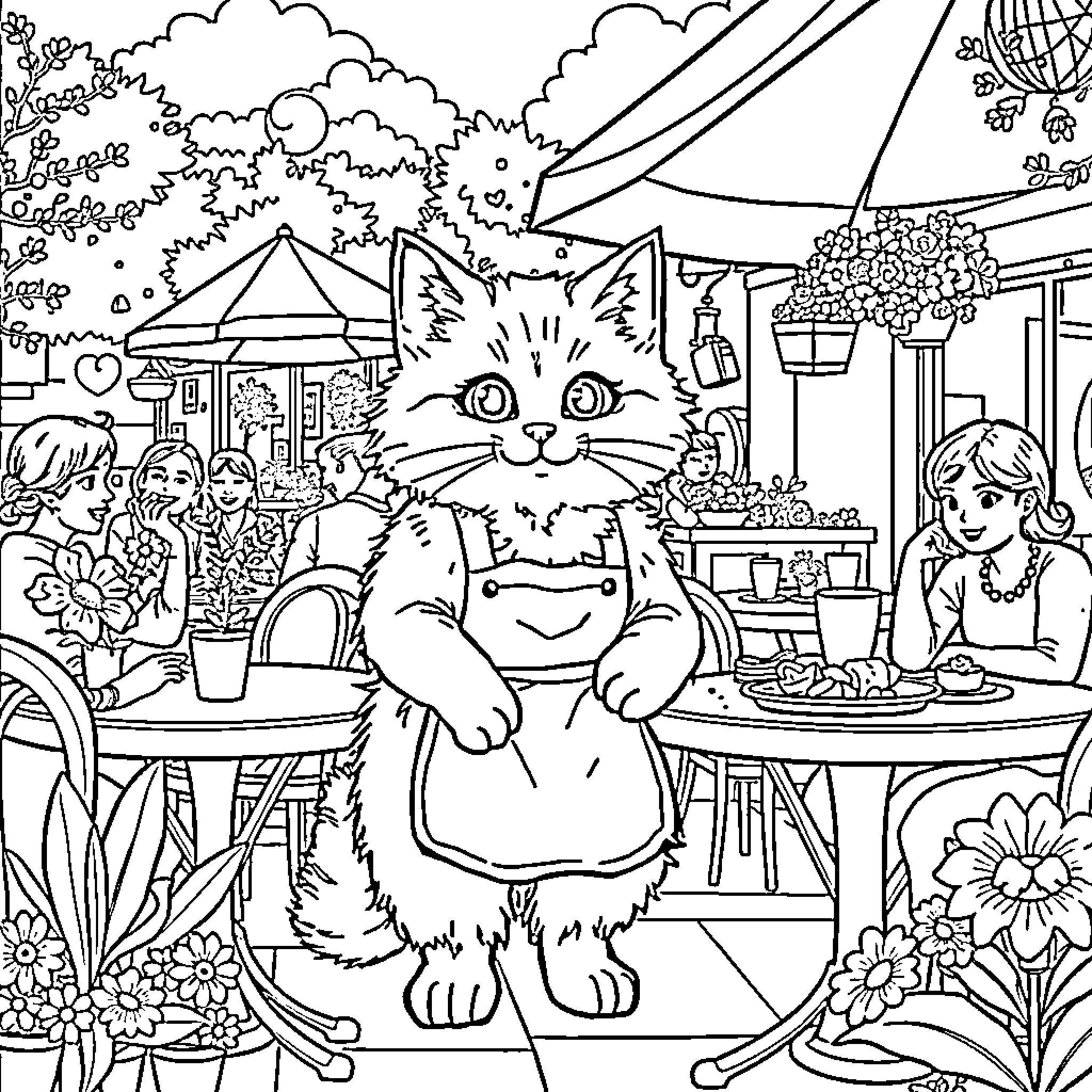 Cat exploring the festive outdoor market Coloring Page (free black-and-white line drawing printable PDF for all, from beginners to advanced learners, including children, teens, adults, and seniors)