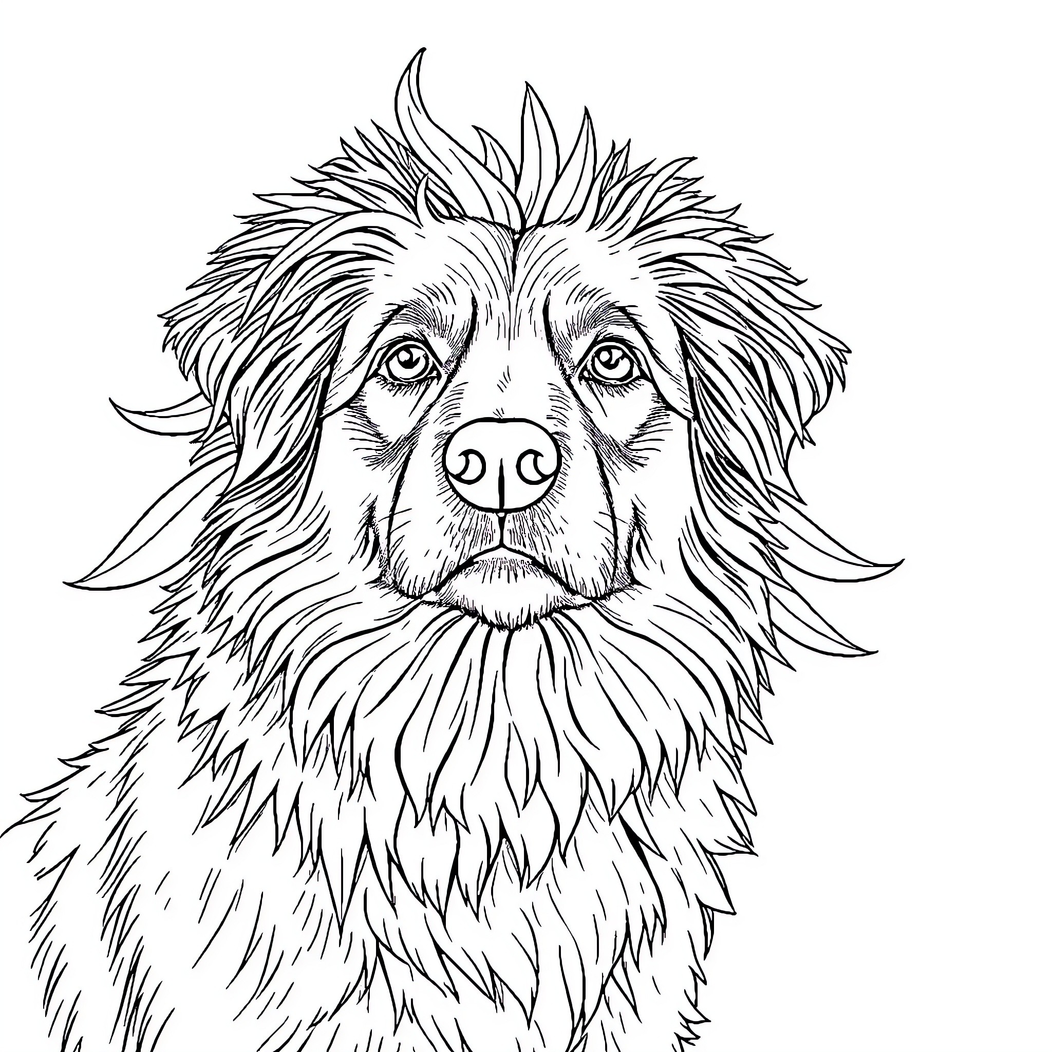 Dog with shaggy, expressive face Coloring Page (free black-and-white line drawing printable PDF for all, from beginners to advanced learners, including children, teens, adults, and seniors)