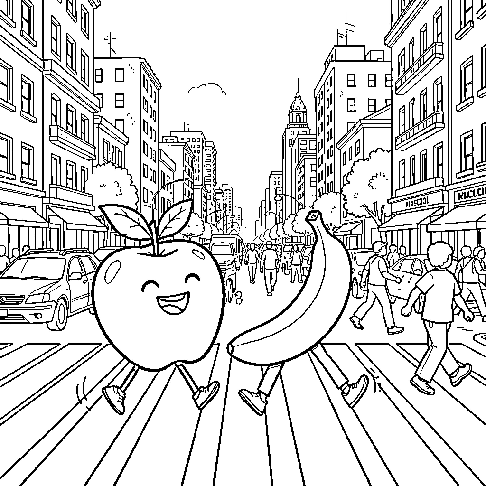 Apple and banana walking happily across a city street Coloring Page (free black-and-white line drawing printable PDF for all, from beginners to advanced learners, including children, teens, adults, and seniors)