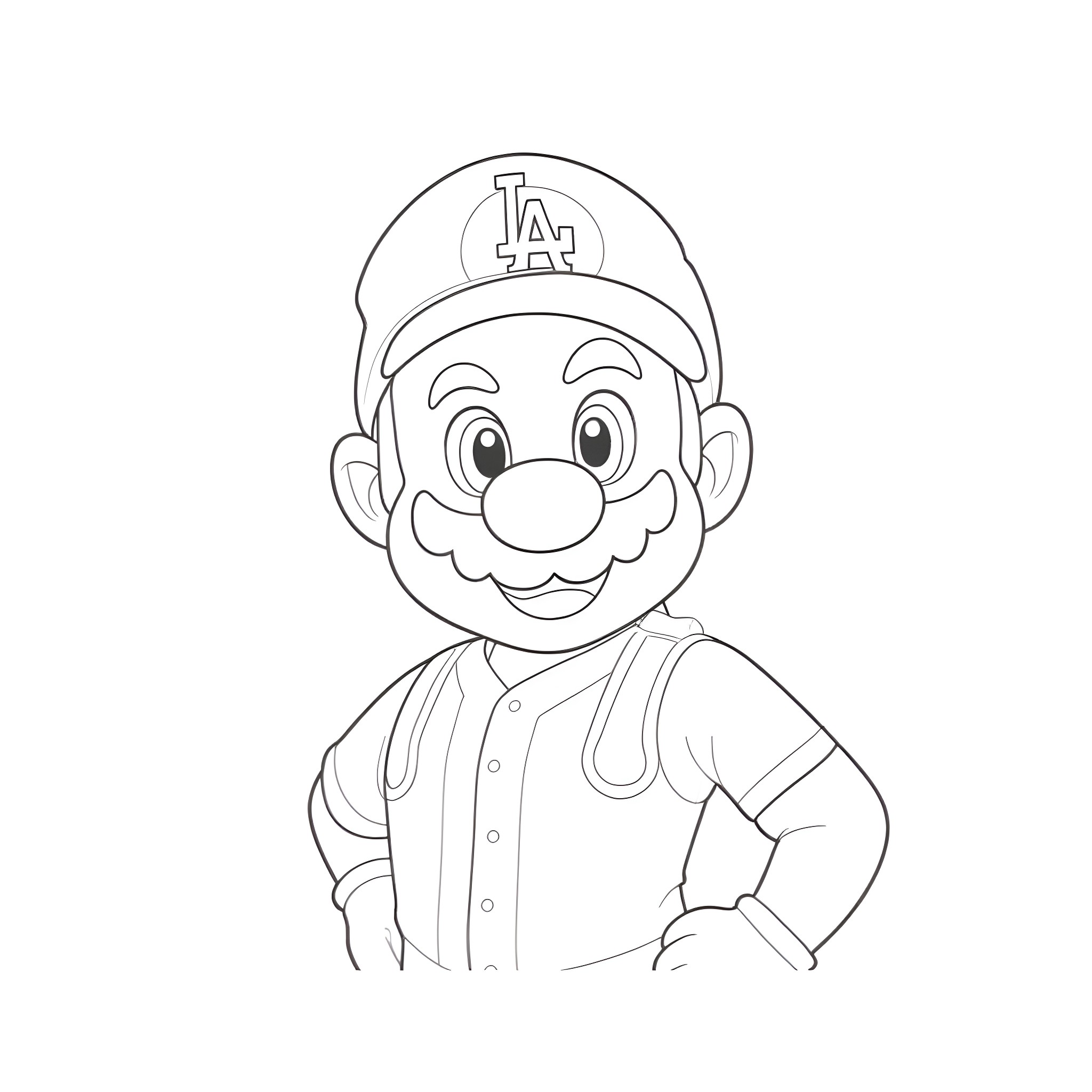 Mario in baseball uniform with happy expression Coloring Page (free black-and-white line drawing printable PDF for all, from beginners to advanced learners, including children, teens, adults, and seniors)