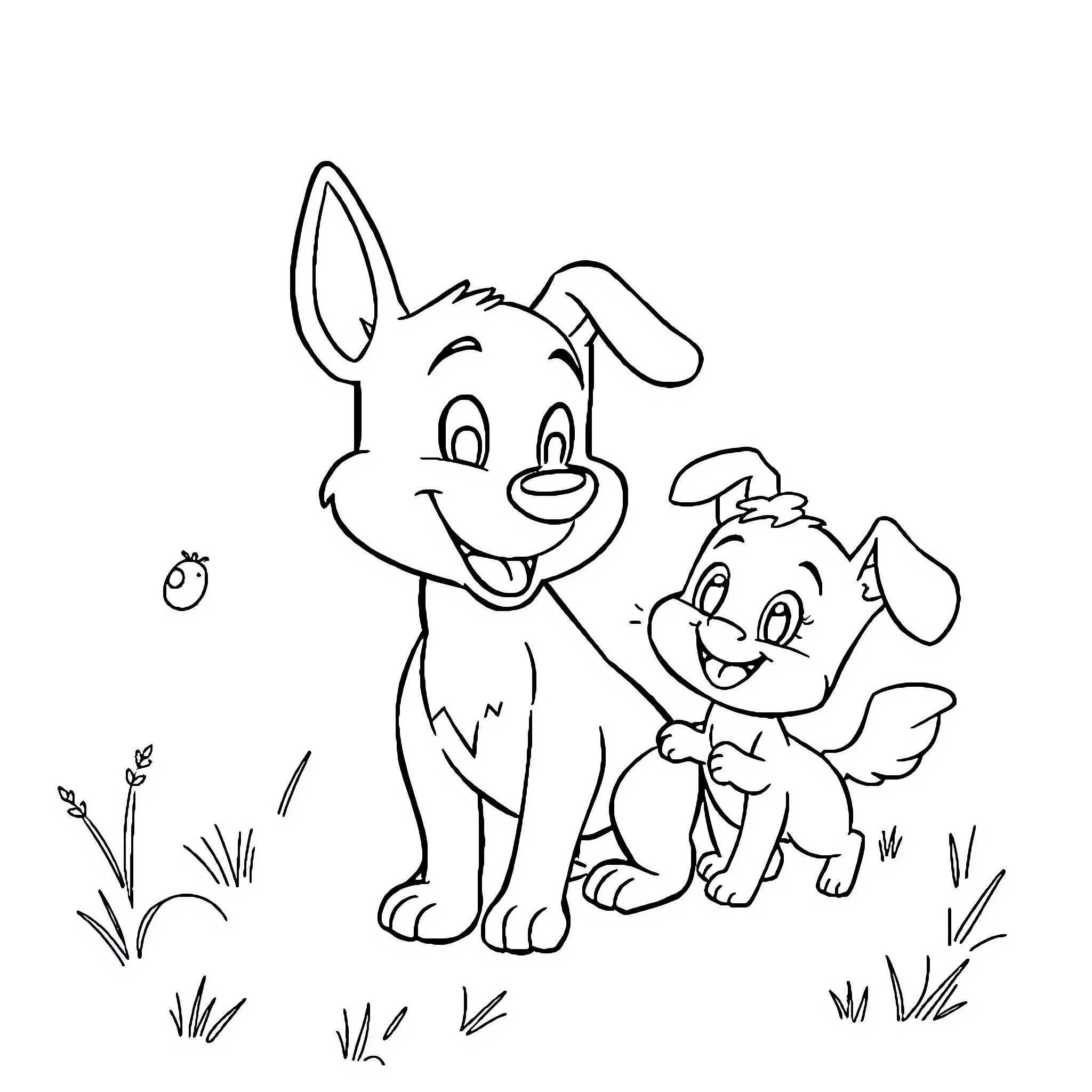 Bluey and Bingo's Playful Adventure Coloring Page (free black-and-white line drawing printable PDF for all, from beginners to advanced learners, including children, teens, adults, and seniors)