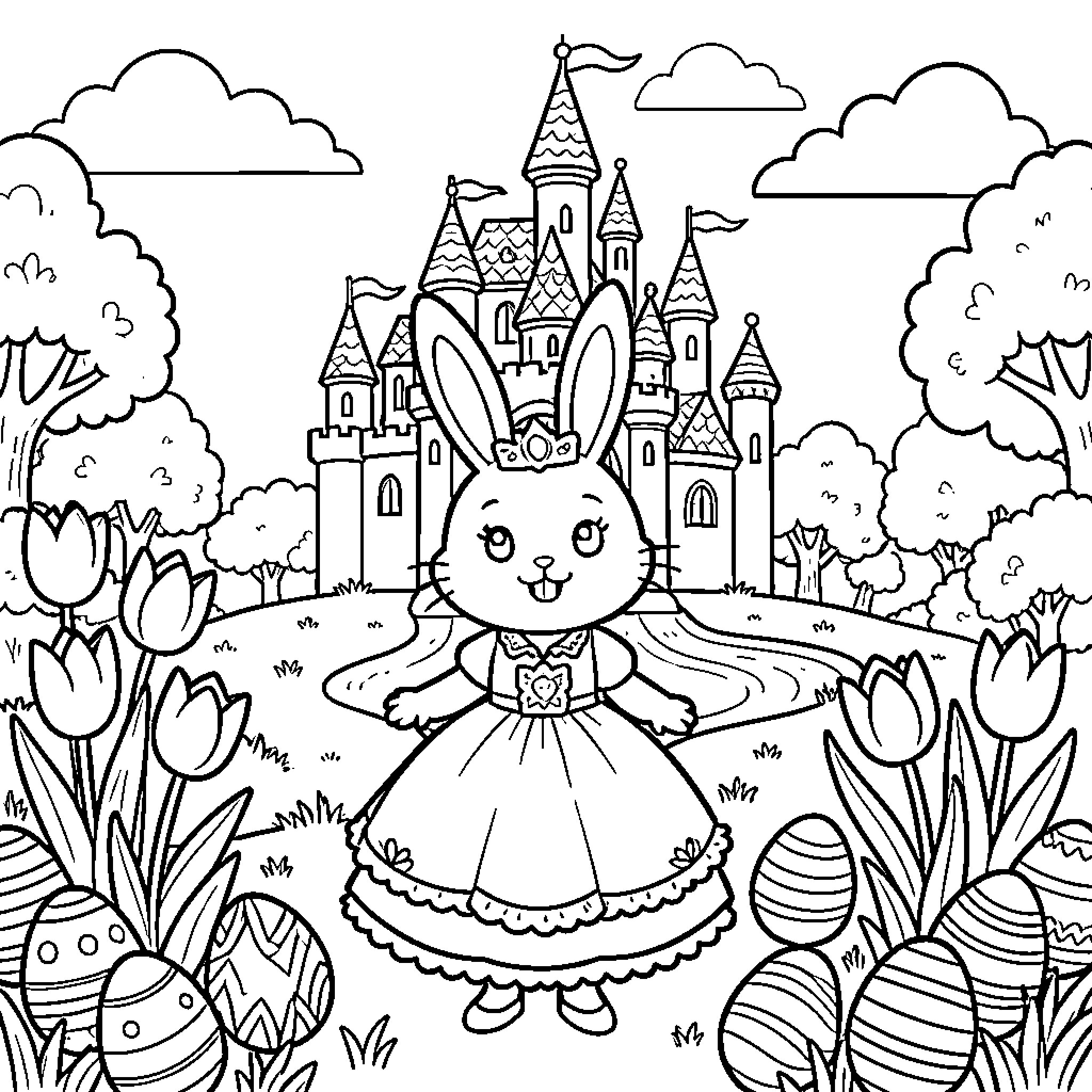 Easter Bunny in a Whimsical Castle Garden Coloring Page (free black-and-white line drawing printable PDF for all, from beginners to advanced learners, including children, teens, adults, and seniors)