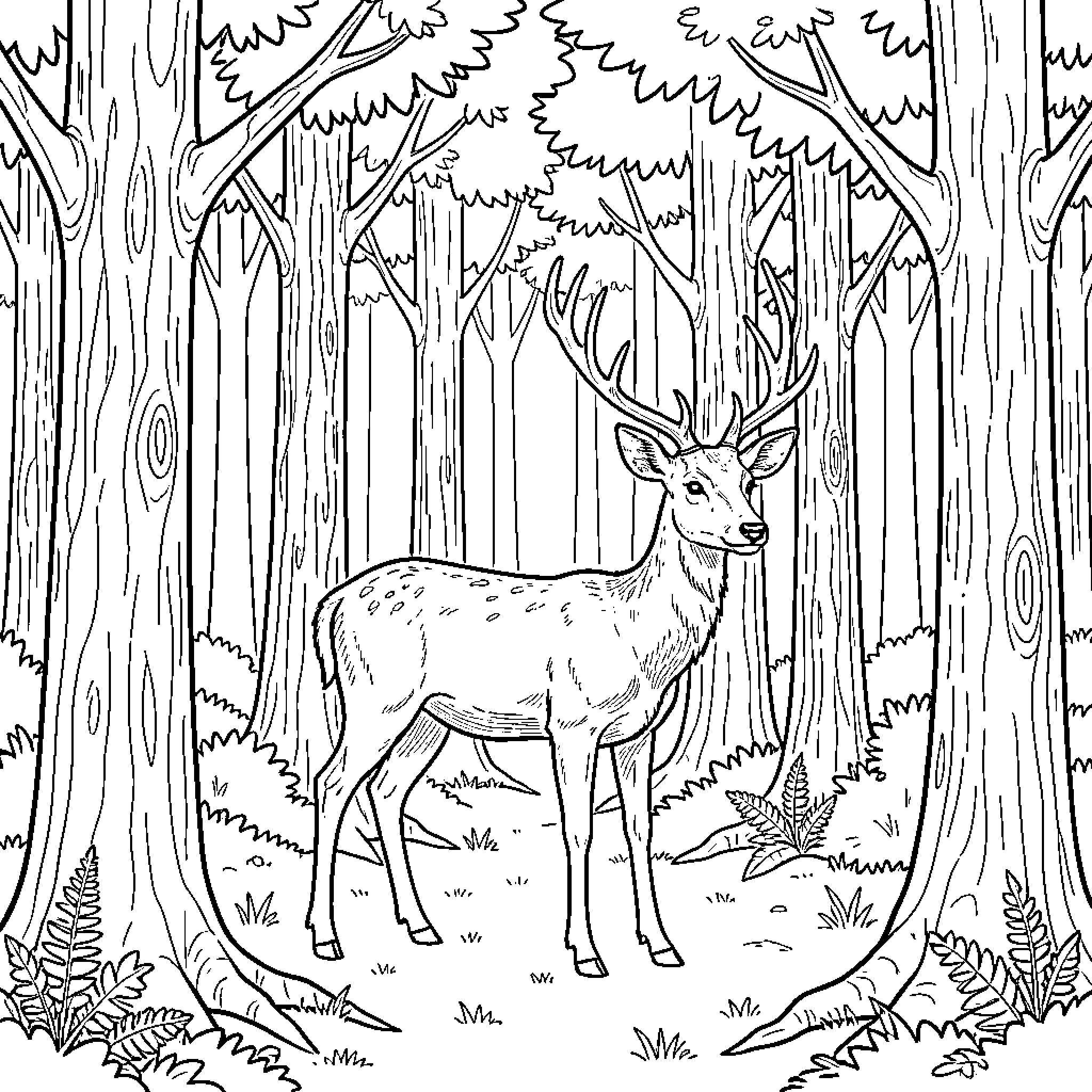 Deer standing peacefully amidst a lush forest Coloring Page (free black-and-white line drawing printable PDF for all, from beginners to advanced learners, including children, teens, adults, and seniors)
