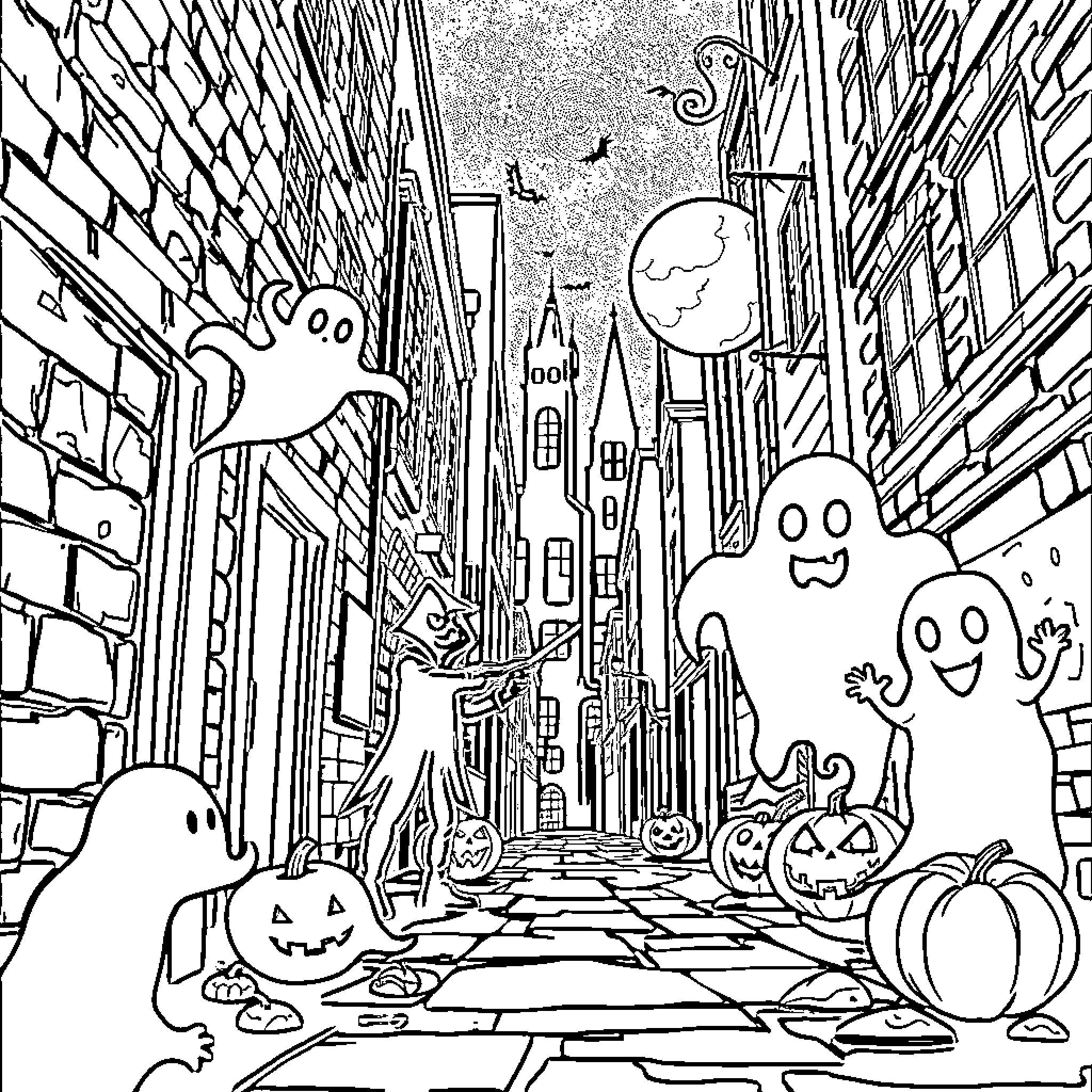 Ghost Figures Haunting a Spooky Urban Street Coloring Page (free black-and-white line drawing printable PDF for all, from beginners to advanced learners, including children, teens, adults, and seniors)