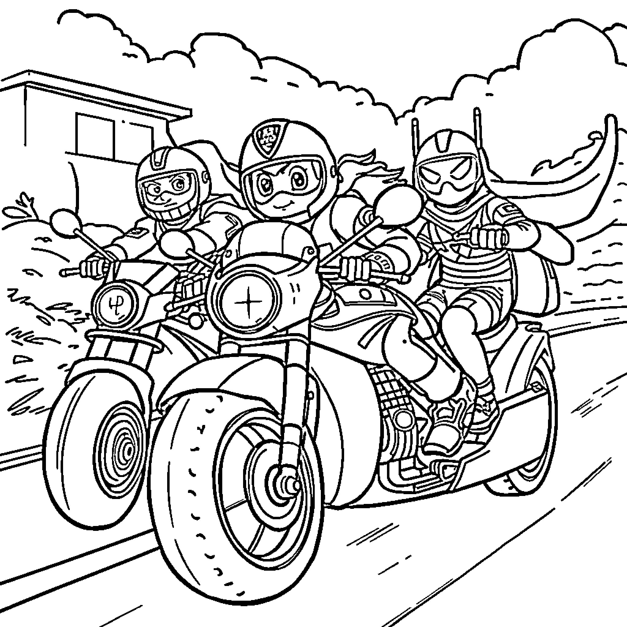 Paw Patrol Characters on an Adventure Ride Coloring Page (free black-and-white line drawing printable PDF for all, from beginners to advanced learners, including children, teens, adults, and seniors)