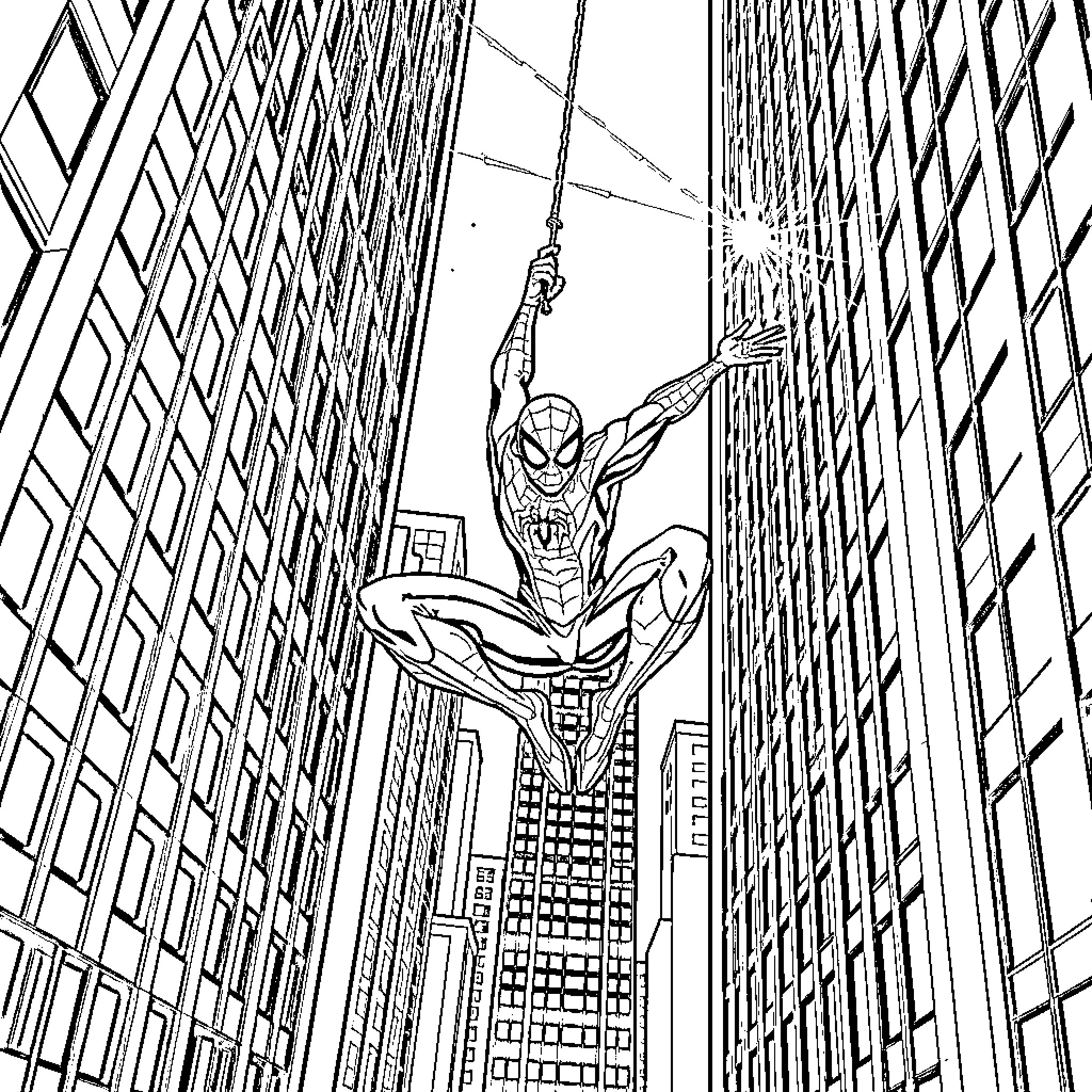 Spiderman swinging through the city skyscrapers Coloring Page (free black-and-white line drawing printable PDF for all, from beginners to advanced learners, including children, teens, adults, and seniors)
