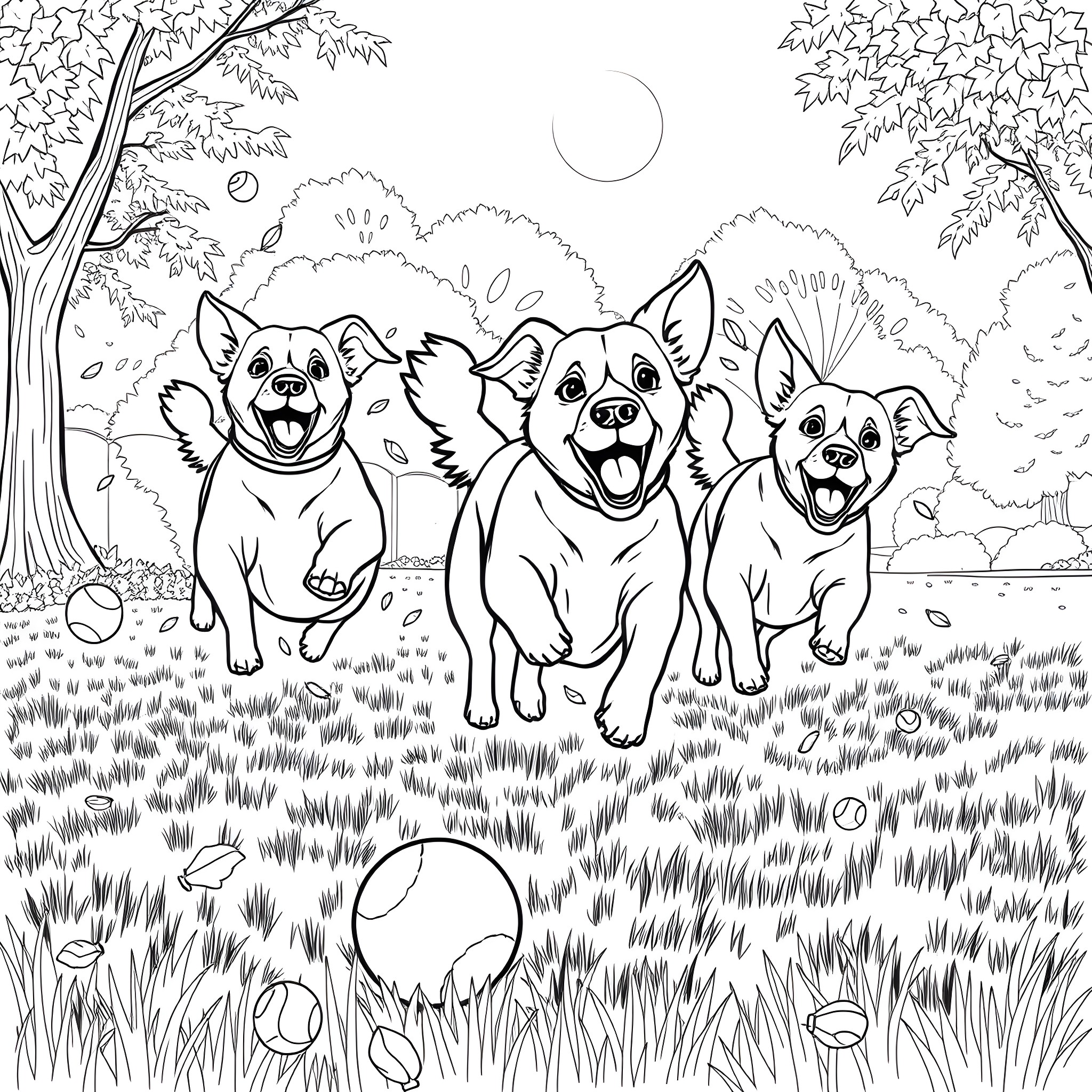 Dog friends playing happily in the park Coloring Page (free black-and-white line drawing printable PDF for all, from beginners to advanced learners, including children, teens, adults, and seniors)