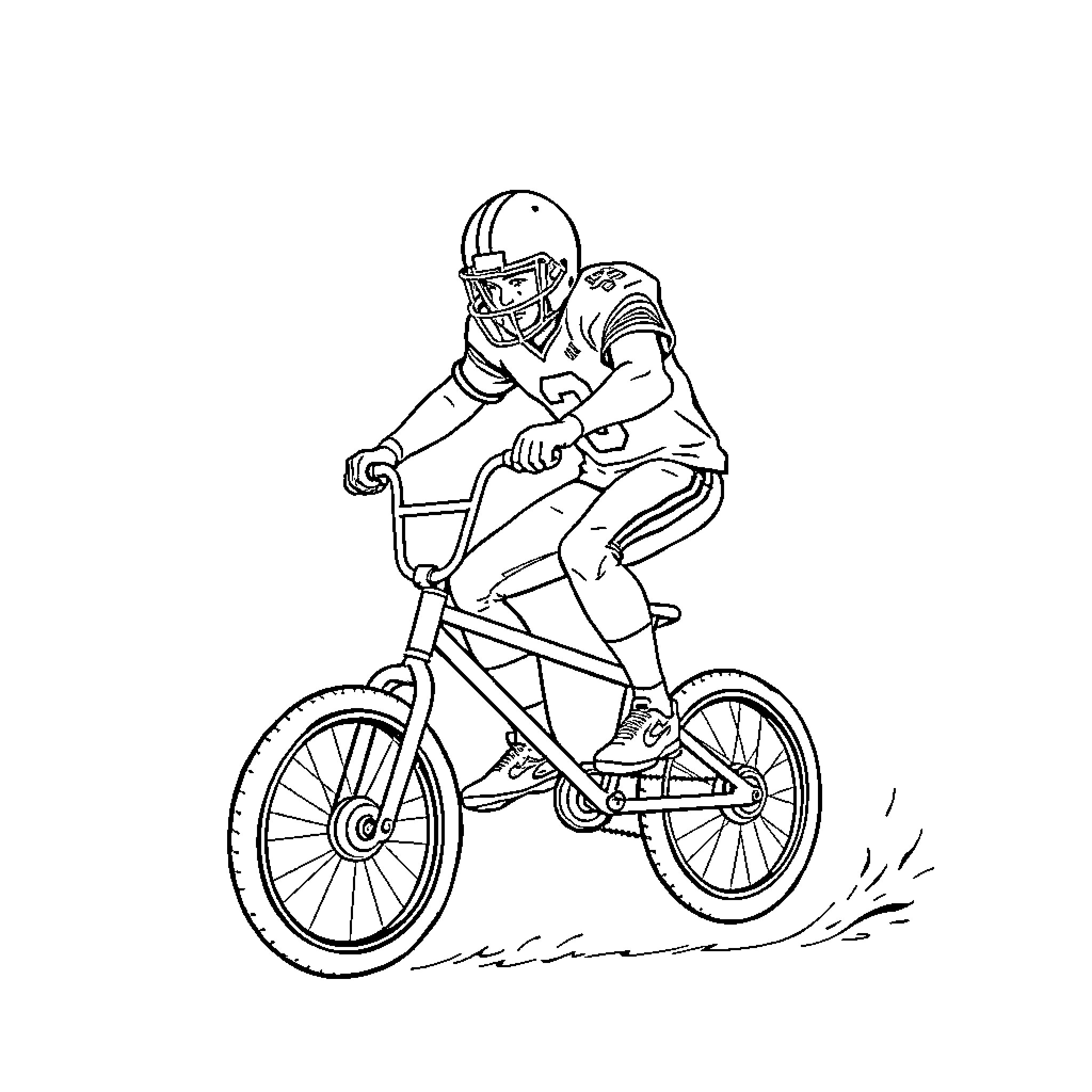 Quarterback riding bicycle in sports uniform Coloring Page (free black-and-white line drawing printable PDF for all, from beginners to advanced learners, including children, teens, adults, and seniors)