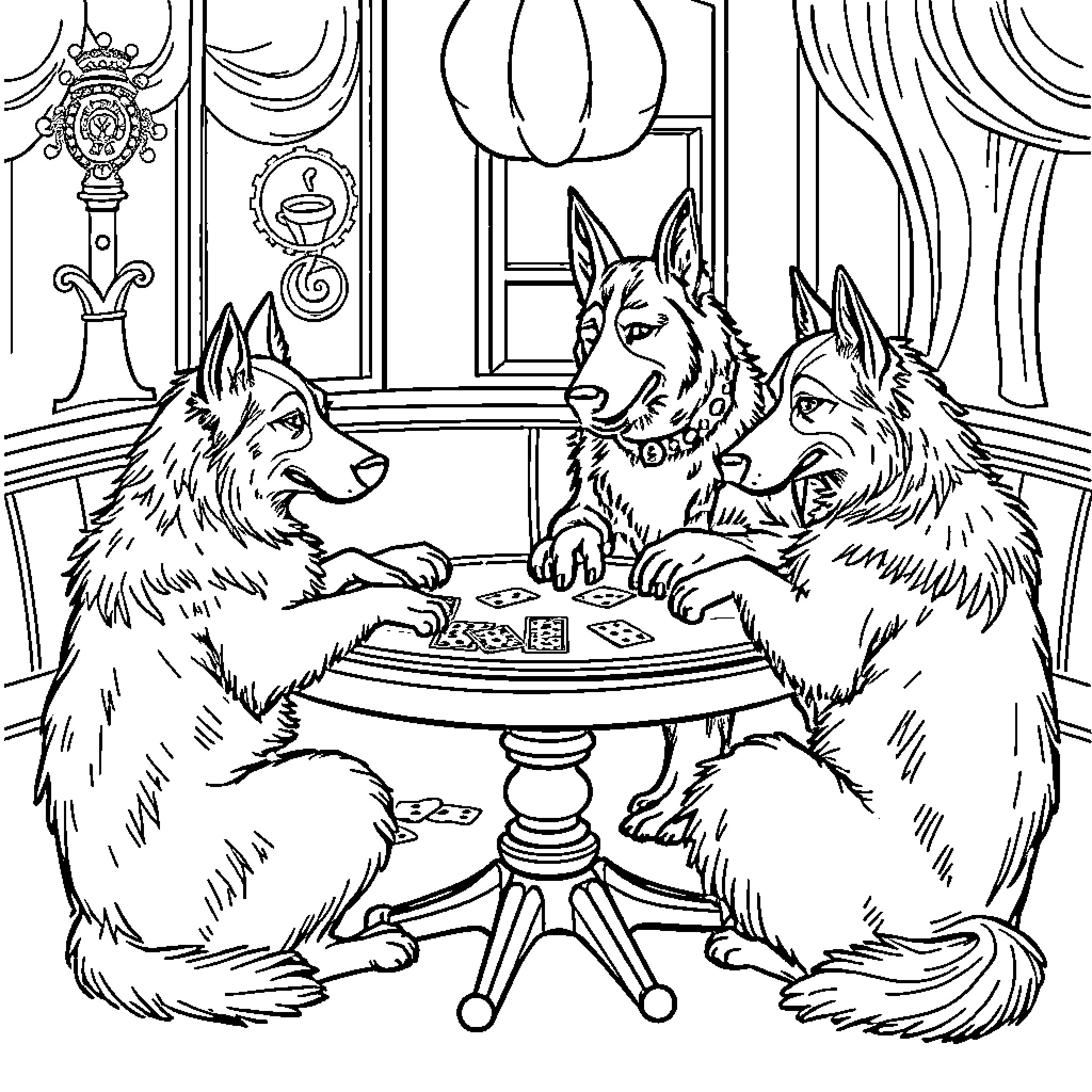 Dogs Playing Card Game in Elegant Room Coloring Page (free black-and-white line drawing printable PDF for all, from beginners to advanced learners, including children, teens, adults, and seniors)