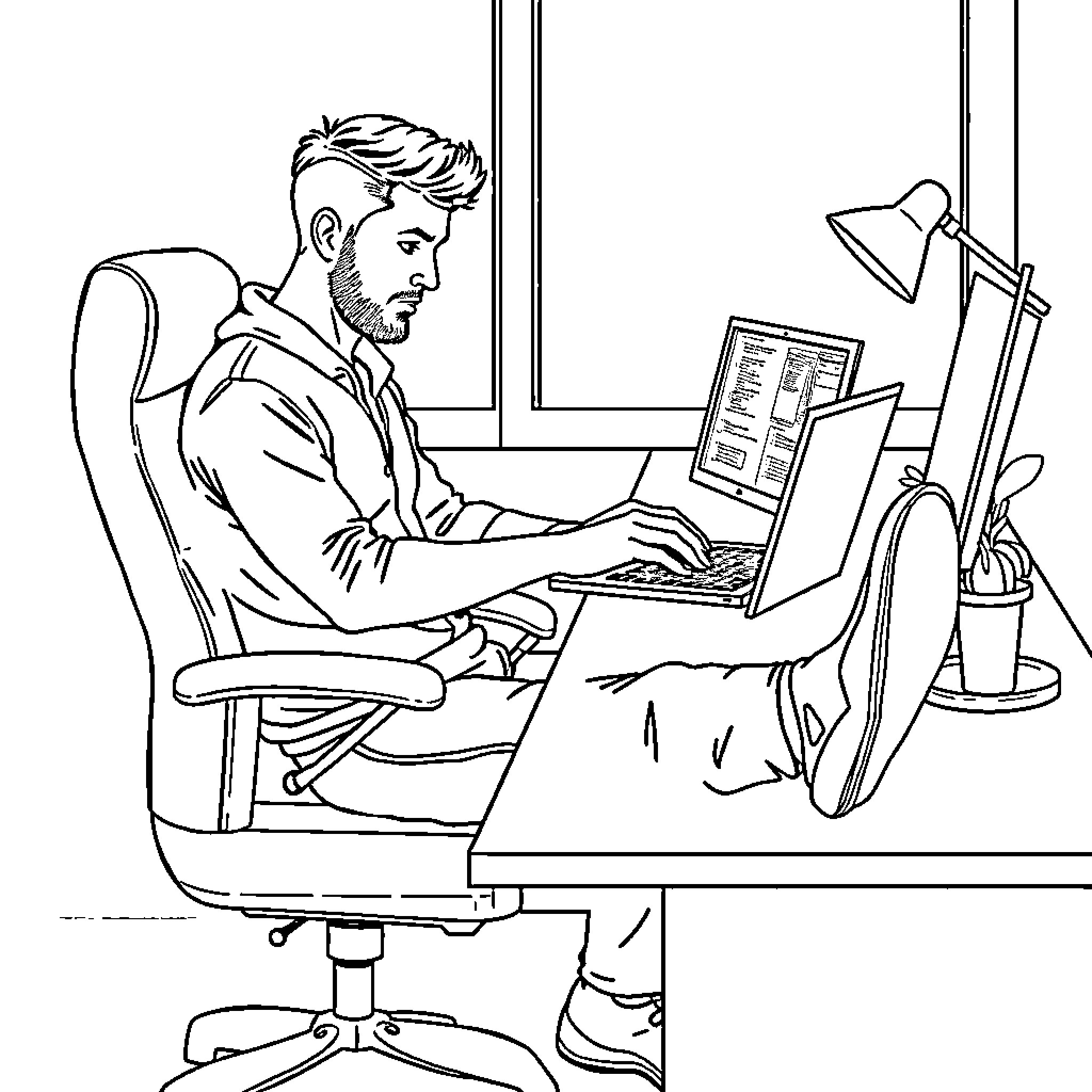 Man working intently on laptop in office setting Coloring Page (free black-and-white line drawing printable PDF for all, from beginners to advanced learners, including children, teens, adults, and seniors)