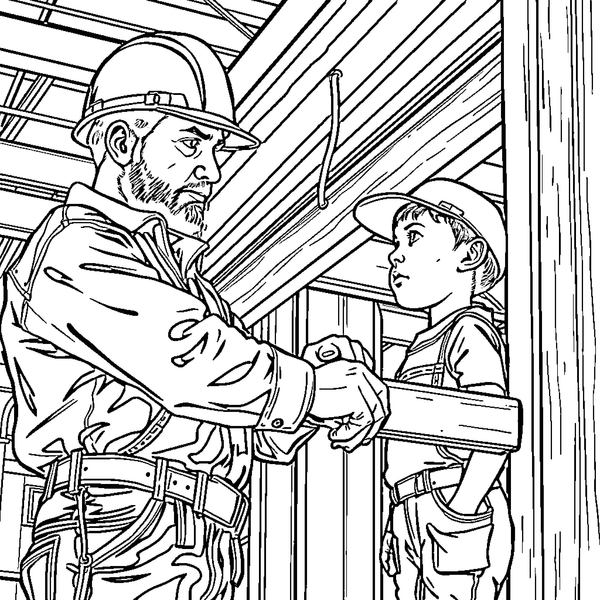 Ironworker Mentoring Young Apprentice on the Job Site Coloring Page (free black-and-white line drawing printable PDF for all, from beginners to advanced learners, including children, teens, adults, and seniors)