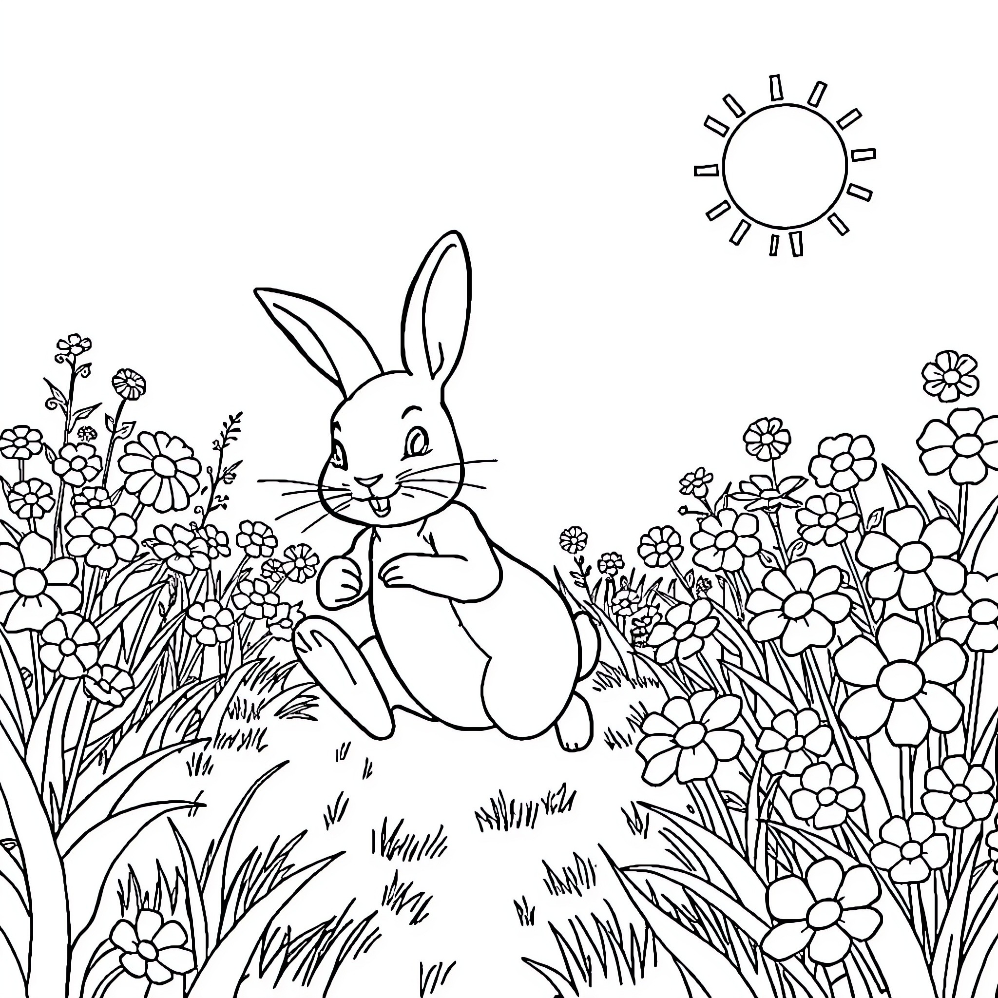 Peter Rabbit exploring a colorful floral meadow Coloring Page (free black-and-white line drawing printable PDF for all, from beginners to advanced learners, including children, teens, adults, and seniors)