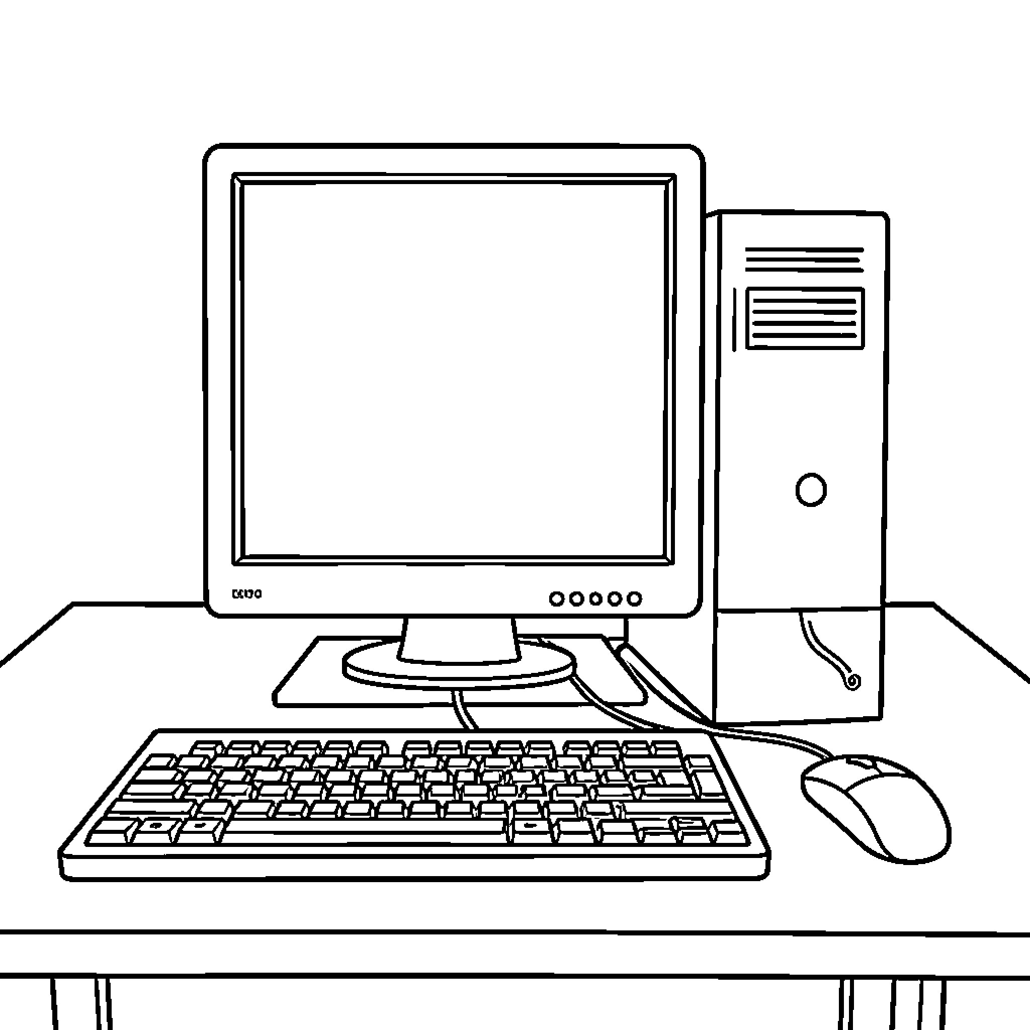 PC setup with monitor, keyboard, and mouse on desk Coloring Page (free black-and-white line drawing printable PDF for all, from beginners to advanced learners, including children, teens, adults, and seniors)
