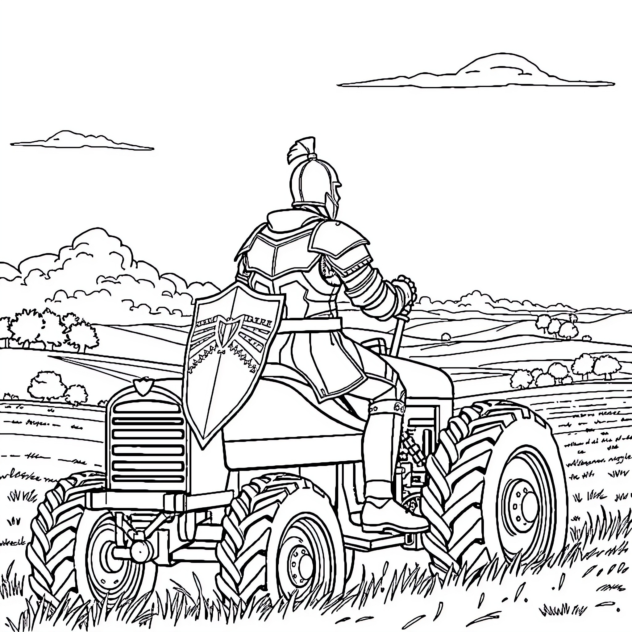 Knight Guiding Tractor Through Countryside Landscape Coloring Page (free black-and-white line drawing printable PDF for all, from beginners to advanced learners, including children, teens, adults, and seniors)