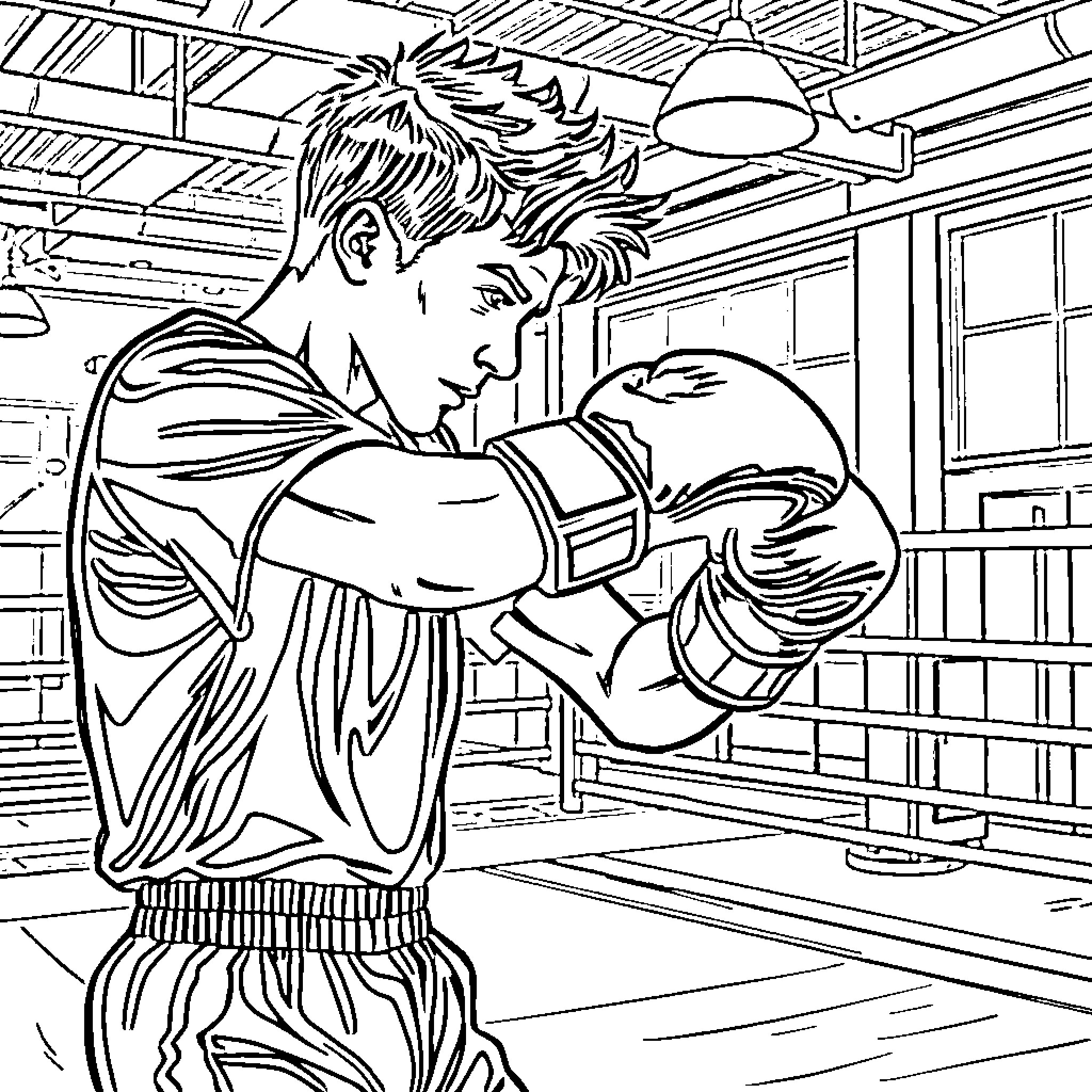 Teenager Boxing Training in Gym Coloring Page (free black-and-white line drawing printable PDF for all, from beginners to advanced learners, including children, teens, adults, and seniors)