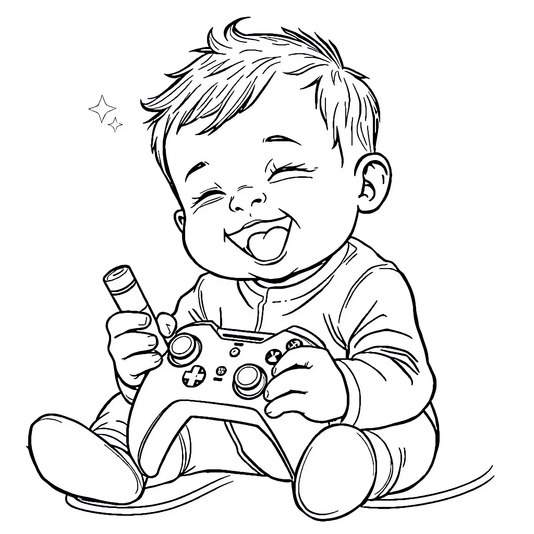 Baby happily playing video game Coloring Page (free black-and-white line drawing printable PDF for all, from beginners to advanced learners, including children, teens, adults, and seniors)