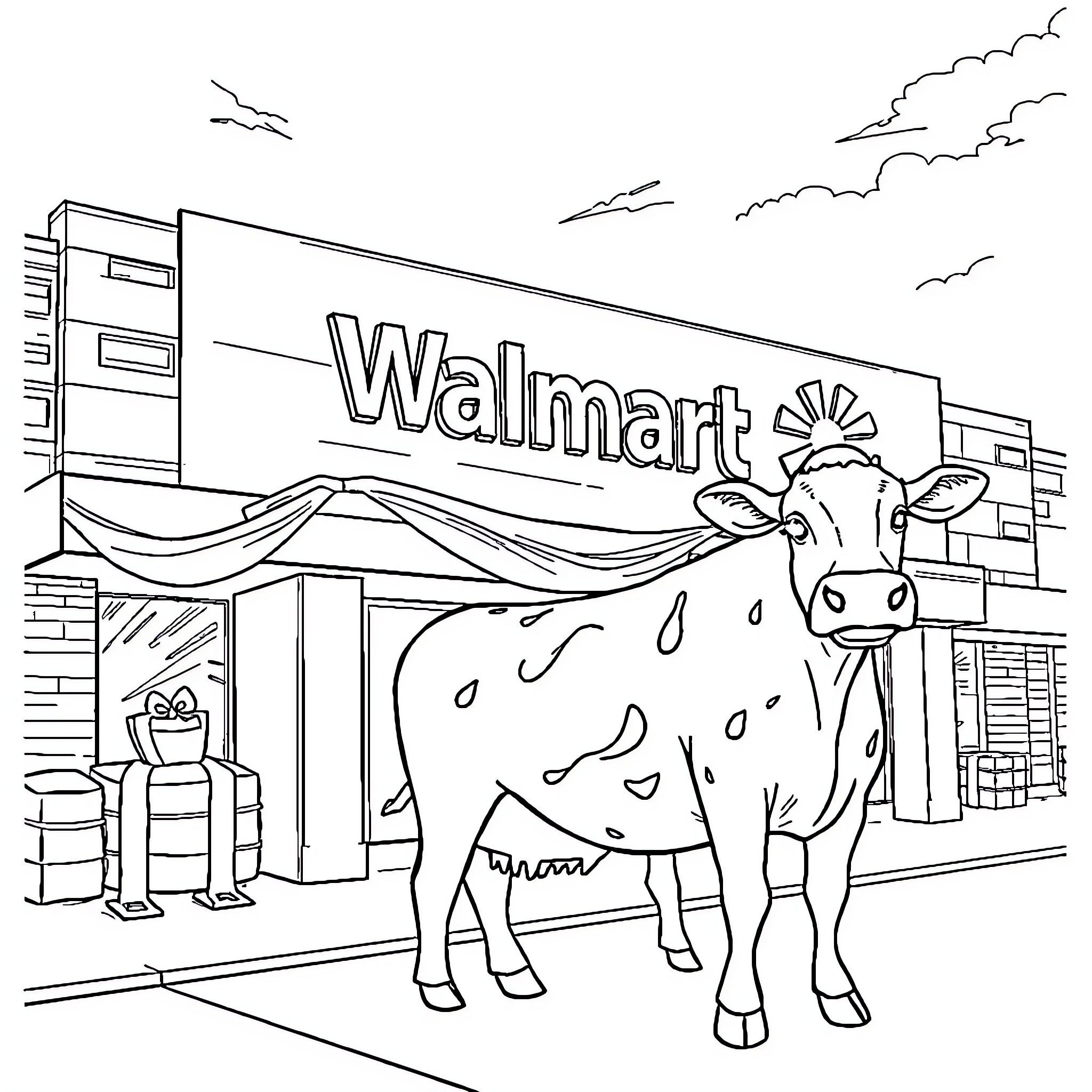 Cow roaming outside Walmart store Coloring Page (free black-and-white line drawing printable PDF for all, from beginners to advanced learners, including children, teens, adults, and seniors)