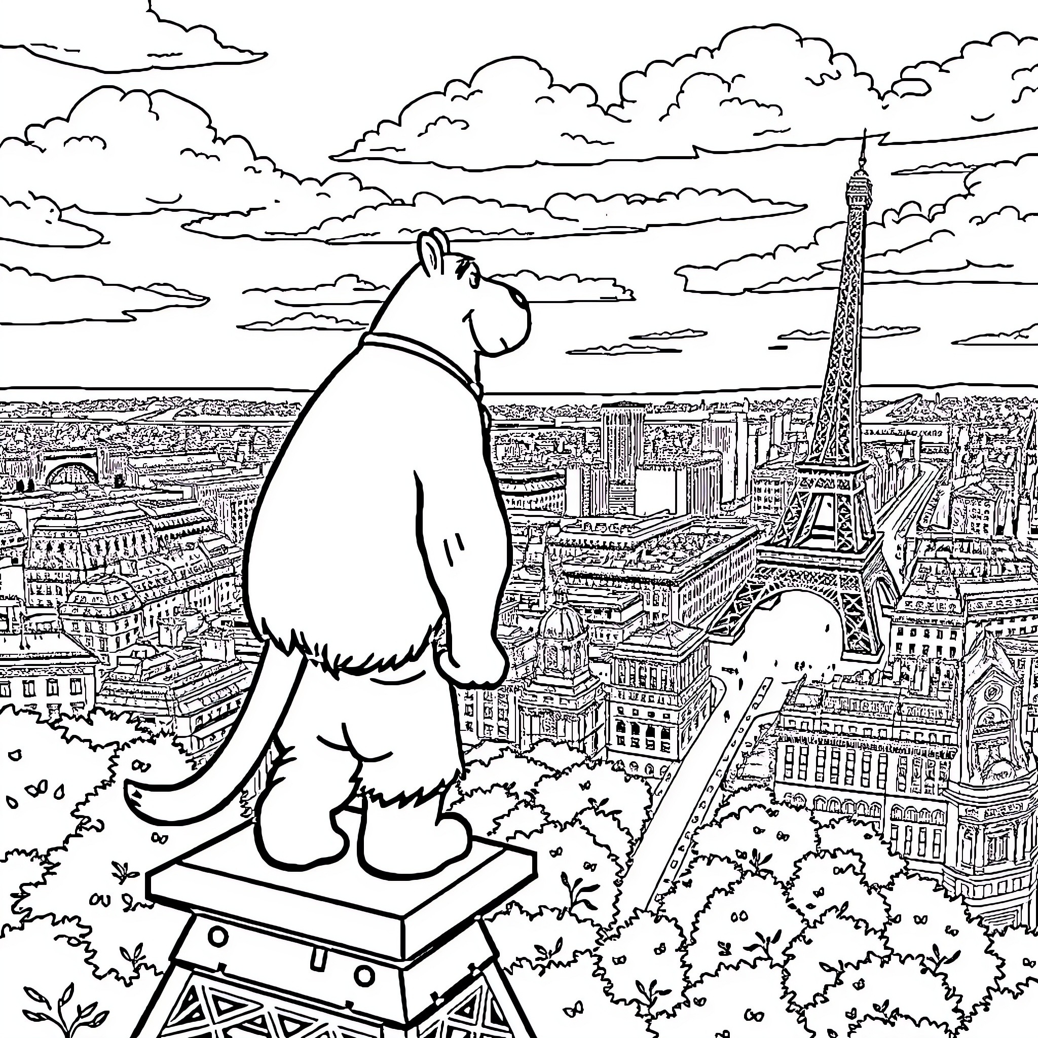 Ralph's Parisian Adventure: A Colossal Statue Overlooking the City Coloring Page (free black-and-white line drawing printable PDF for all, from beginners to advanced learners, including children, teens, adults, and seniors)