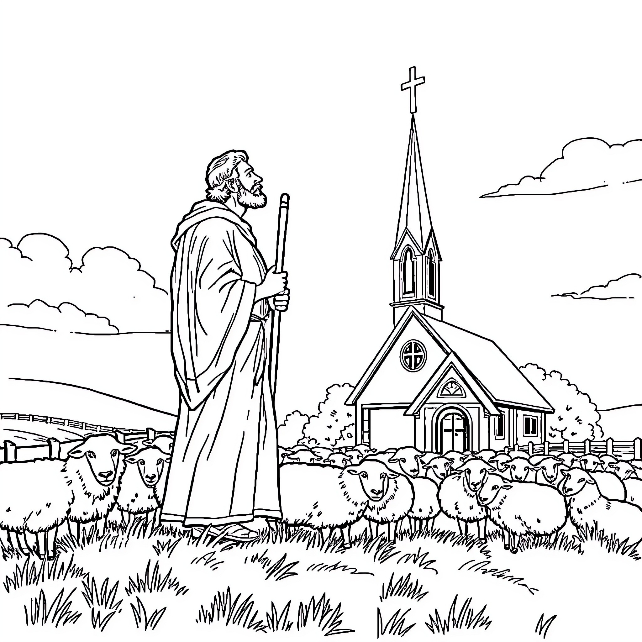 Shepherd guiding his flock near the church Coloring Page (free black-and-white line drawing printable PDF for all, from beginners to advanced learners, including children, teens, adults, and seniors)