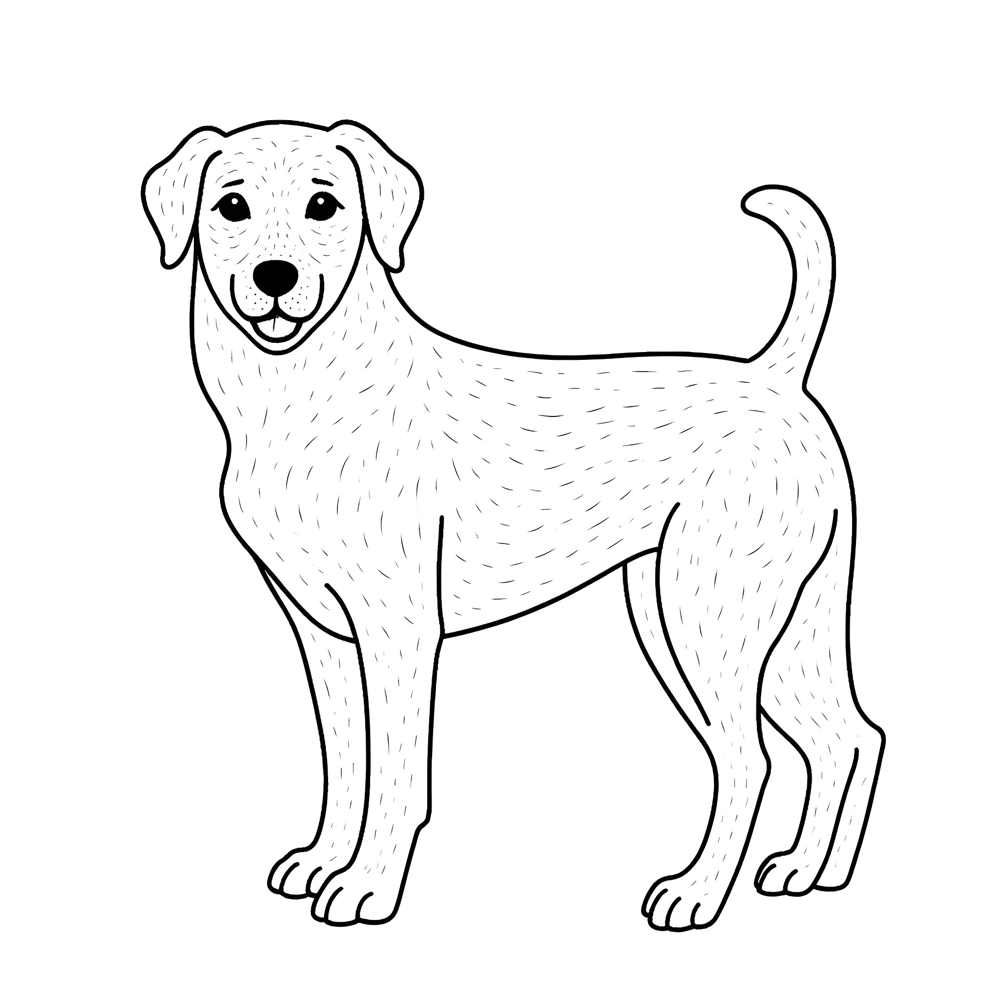 Dog standing happily Coloring Page (free black-and-white line drawing printable PDF for all, from beginners to advanced learners, including children, teens, adults, and seniors)