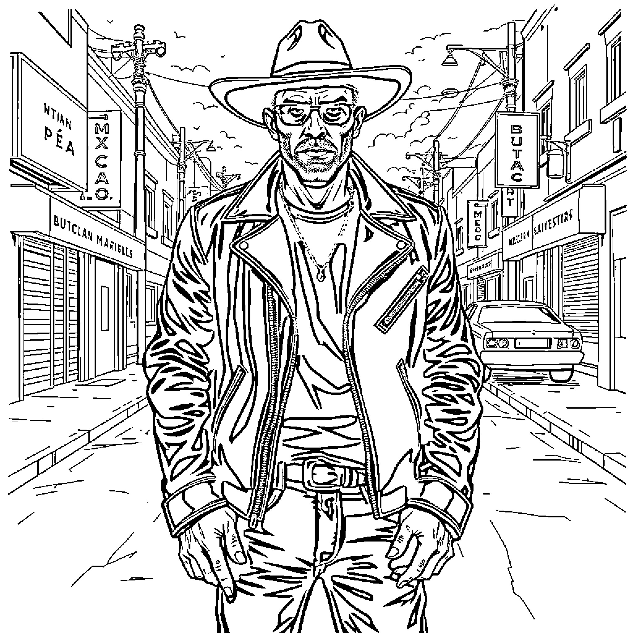 Gangster in a Gritty Urban Scene Coloring Page (free black-and-white line drawing printable PDF for all, from beginners to advanced learners, including children, teens, adults, and seniors)