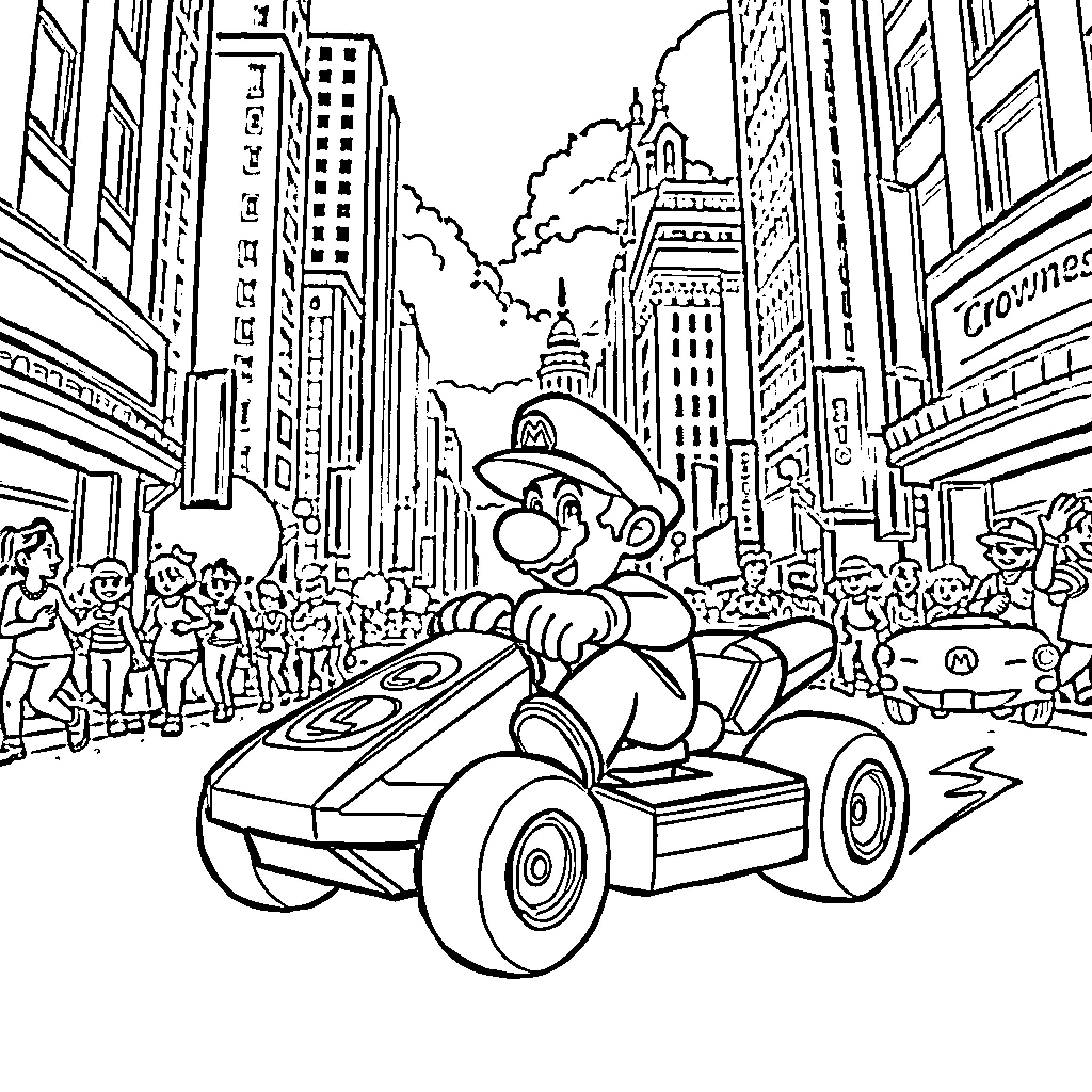 Mario Kart Racing Through Bustling City Streets Coloring Page (free black-and-white line drawing printable PDF for all, from beginners to advanced learners, including children, teens, adults, and seniors)