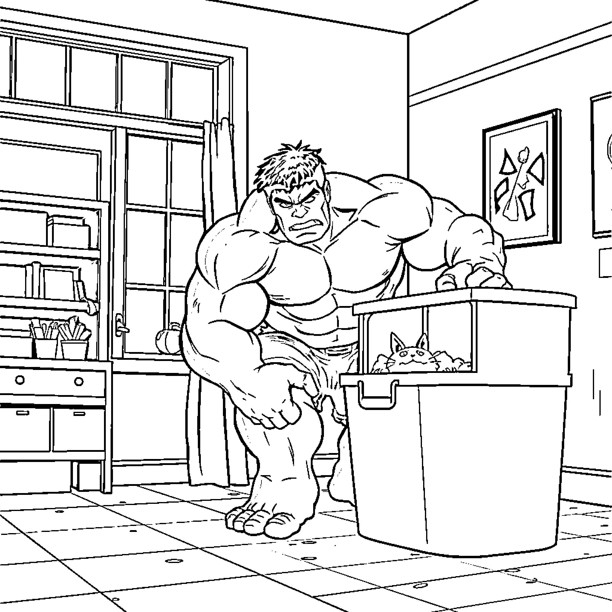 Hulk angrily destroys office furniture Coloring Page (free black-and-white line drawing printable PDF for all, from beginners to advanced learners, including children, teens, adults, and seniors)